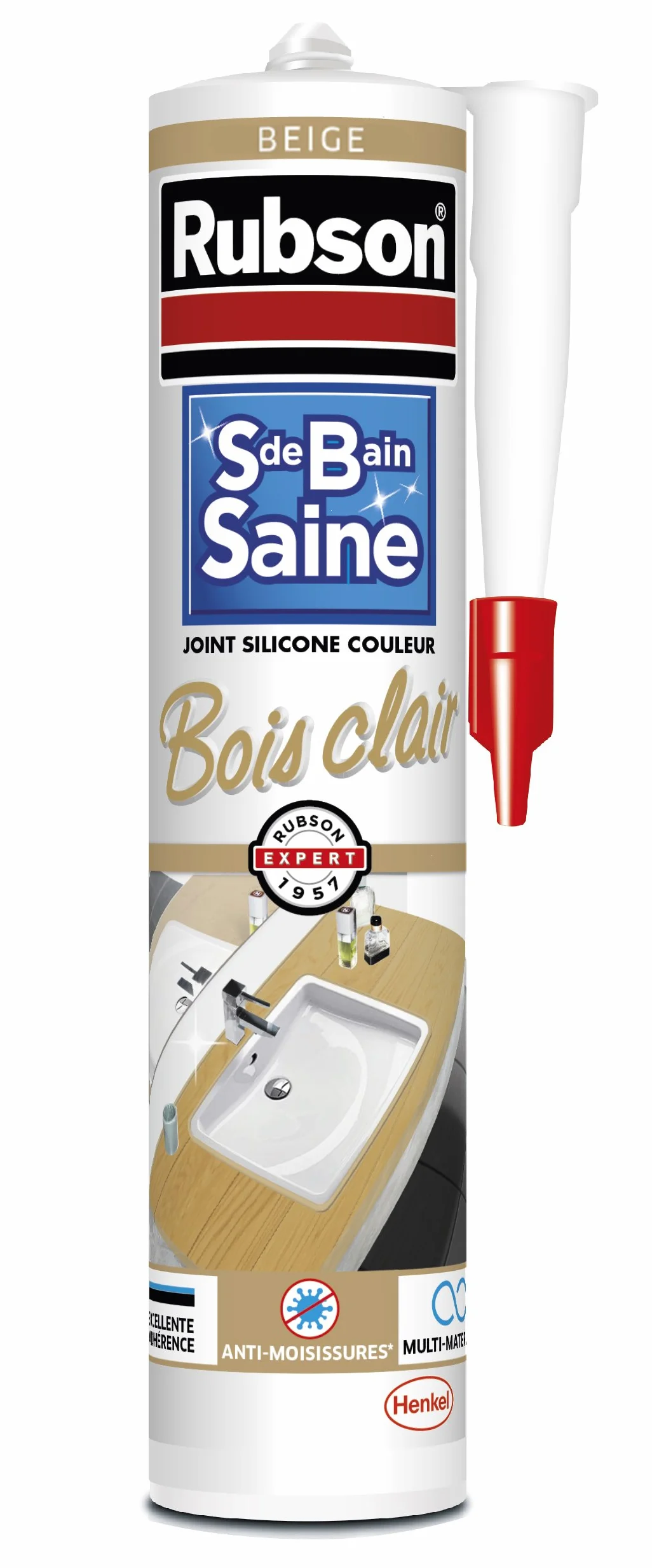 Rubson Mastic Salle de bain Saine Couleur "Bois Clair" Beige,Joint silicone multi-matériaux renforcé en antifongiques, mastic sanitaire coloré,souple & étanche,280ml(Packaging du produit peut changer)