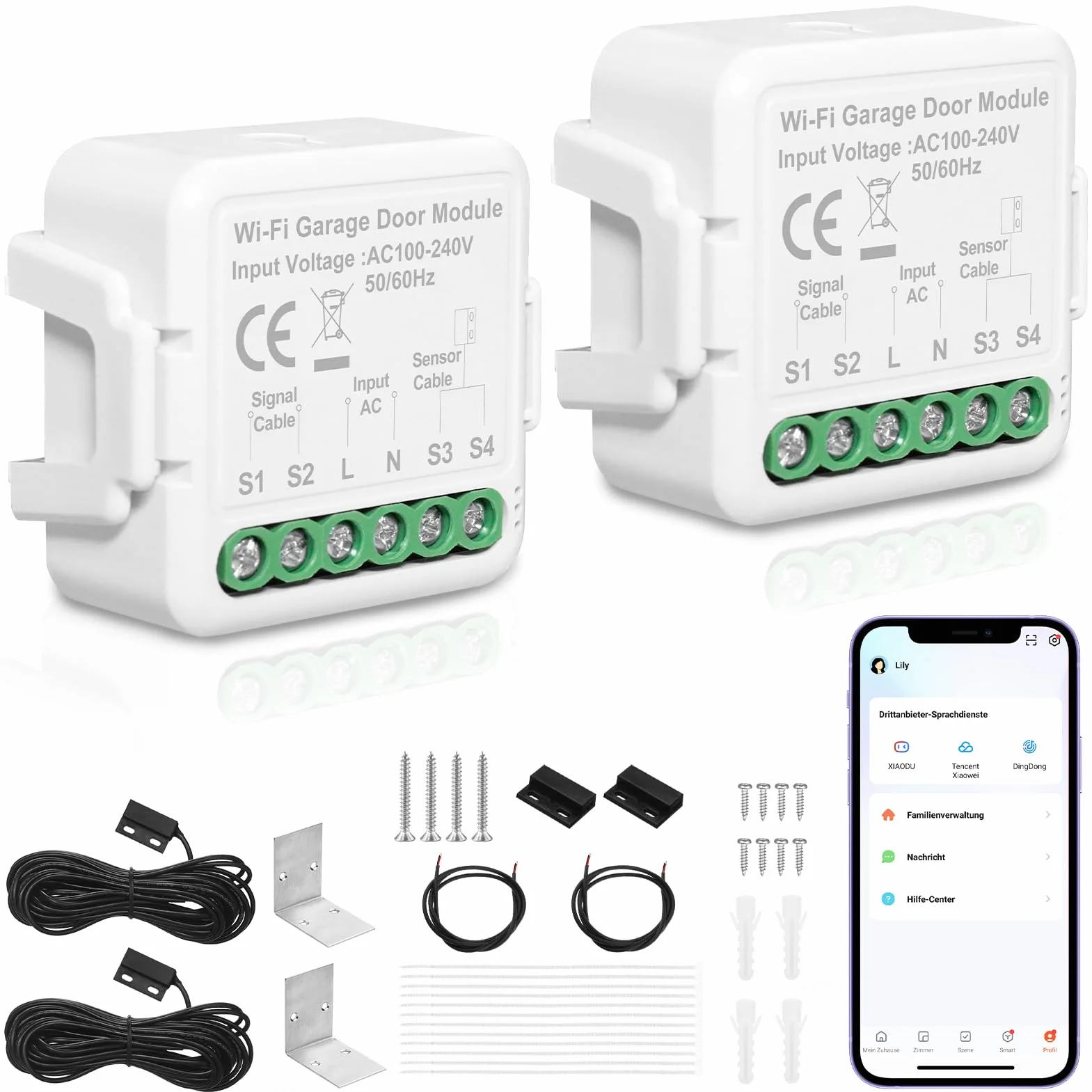 Ouvre-porte de garage intelligent, ouvre portail connecté wifi contrôle de l'application Tuya, ouverture portail connecté compatible avec Alexa et Google Assistant commande vocale (2 pièce)