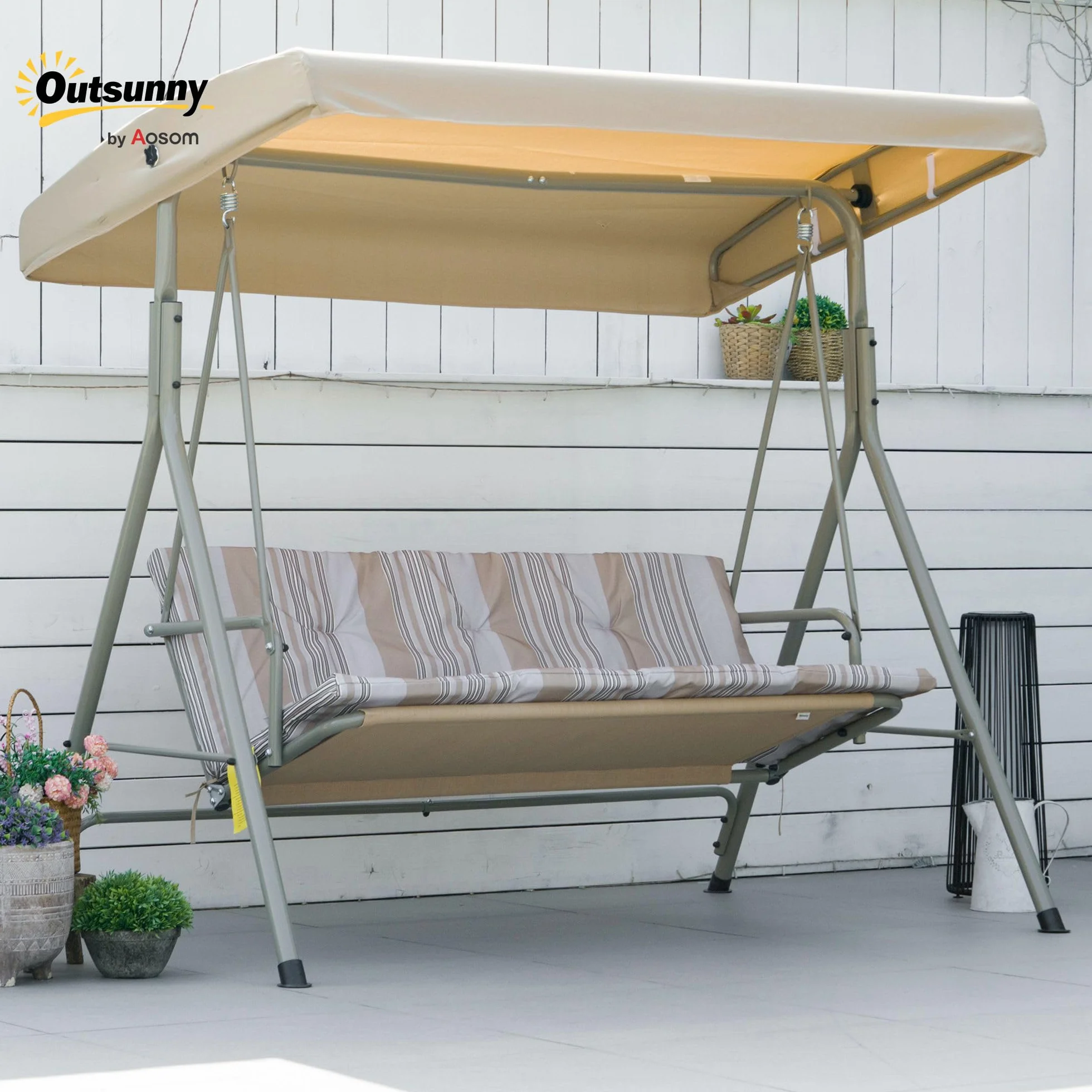 Outsunny Balancelle de Jardin 3 Places Toit Inclinaison Réglable Coussins Amovibles Polyester Acier Époxy Marron