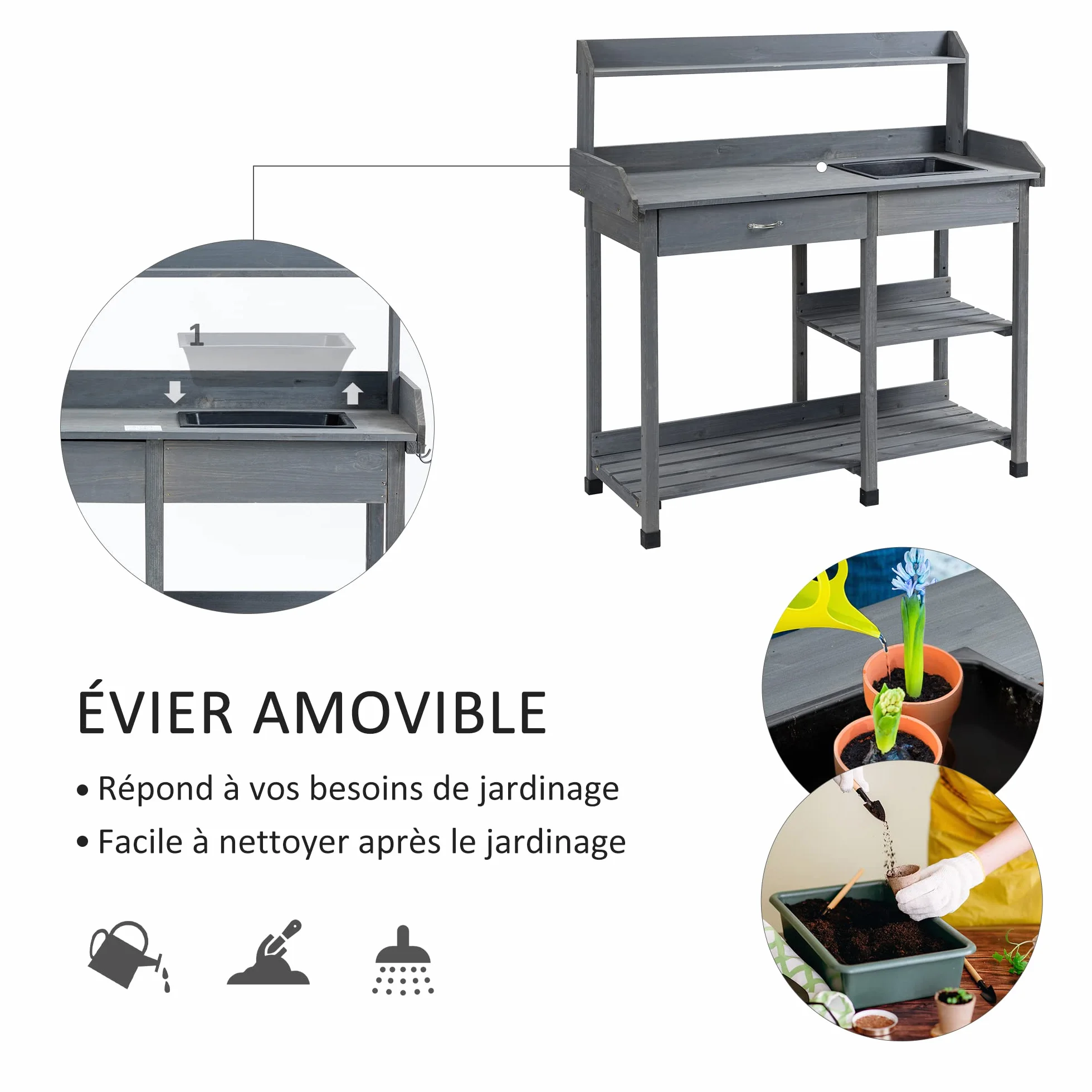 Outsunny Table de rempotage Multi-équipée Jardinage Bois Sapin Gris avec tiroir étagères évier Crochets