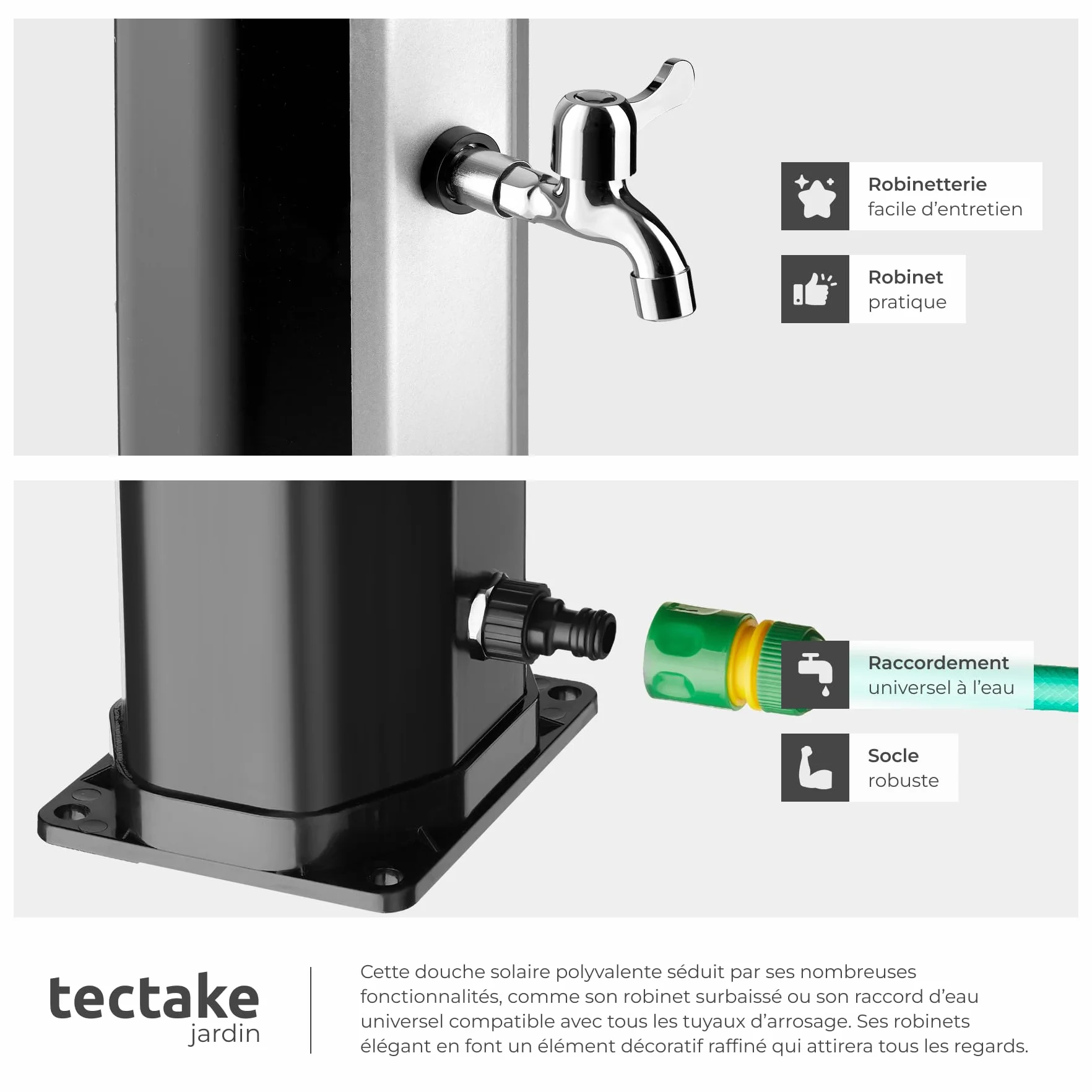 tectake Douche Solaire 35L multifonctionnelle Eau Chaude Pommeau de Douche Effet de Pluie Porte-Savon Housse de Protection Jardin Piscine Camping
