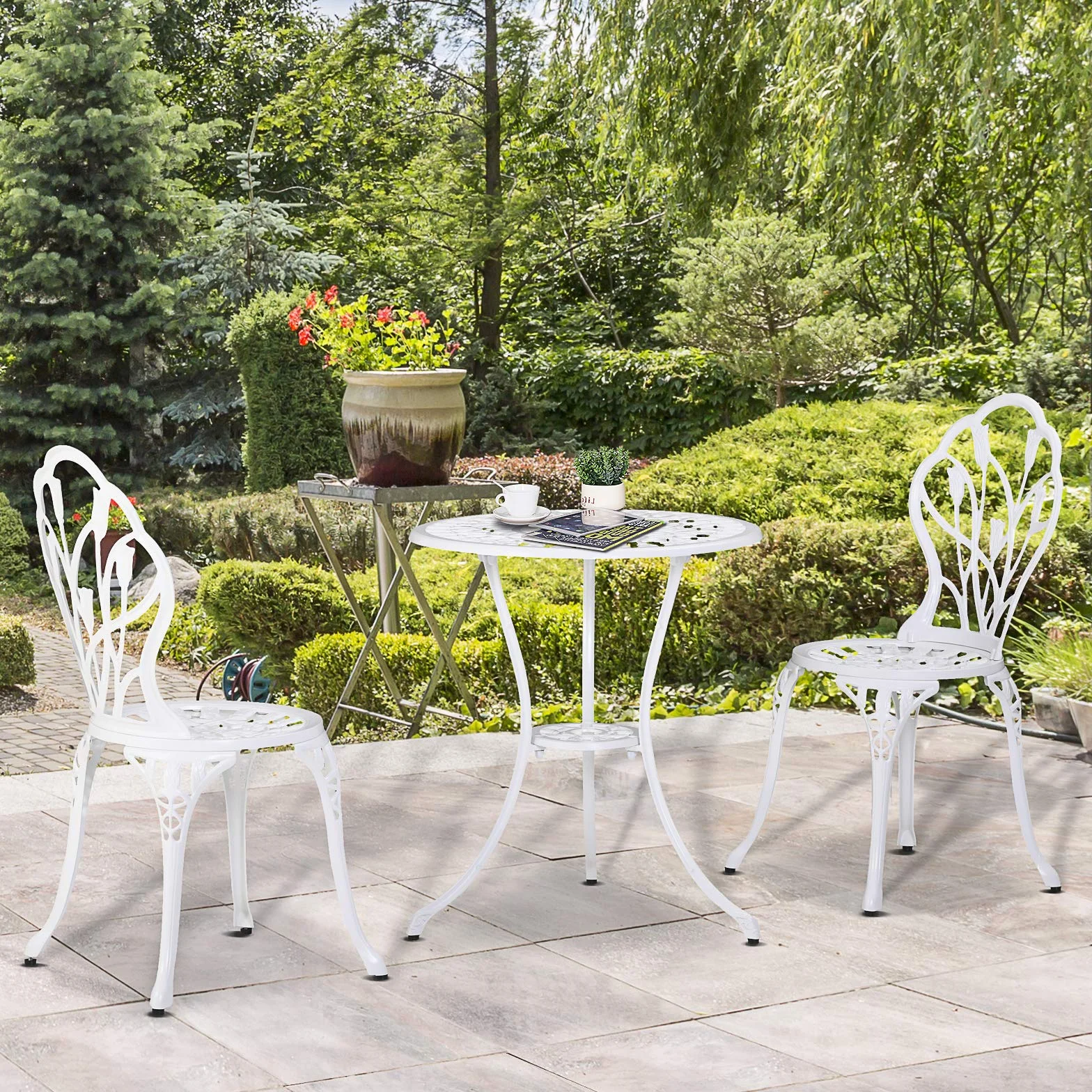 Outsunny Salon de Jardin 2 Places Table Ronde Fonte Aluminium Imitation Fer Forgé Blanc