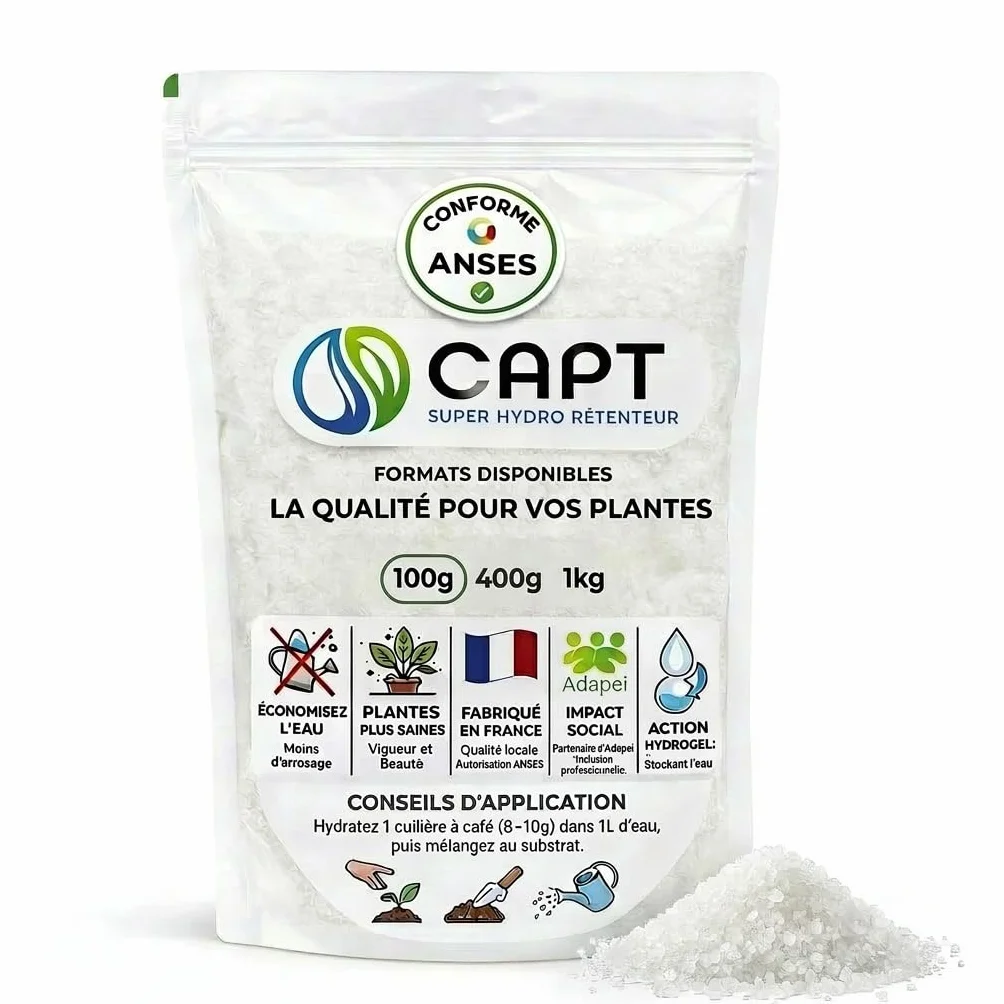 CAPT® Hydro-Rétenteur d'Eau pour Plantes - Billes Réserve d'Eau - 100g - Gel Rétention d'Eau - Fabrication Française