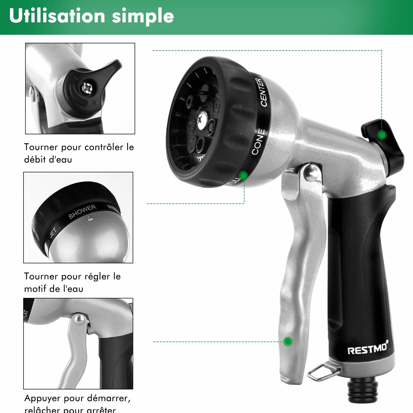 RESTMO Pistolet d'arrosage de Jardin Métal Pulvérisateur de Tuyau 7 Modèles Débit d'eau Réglable Noir