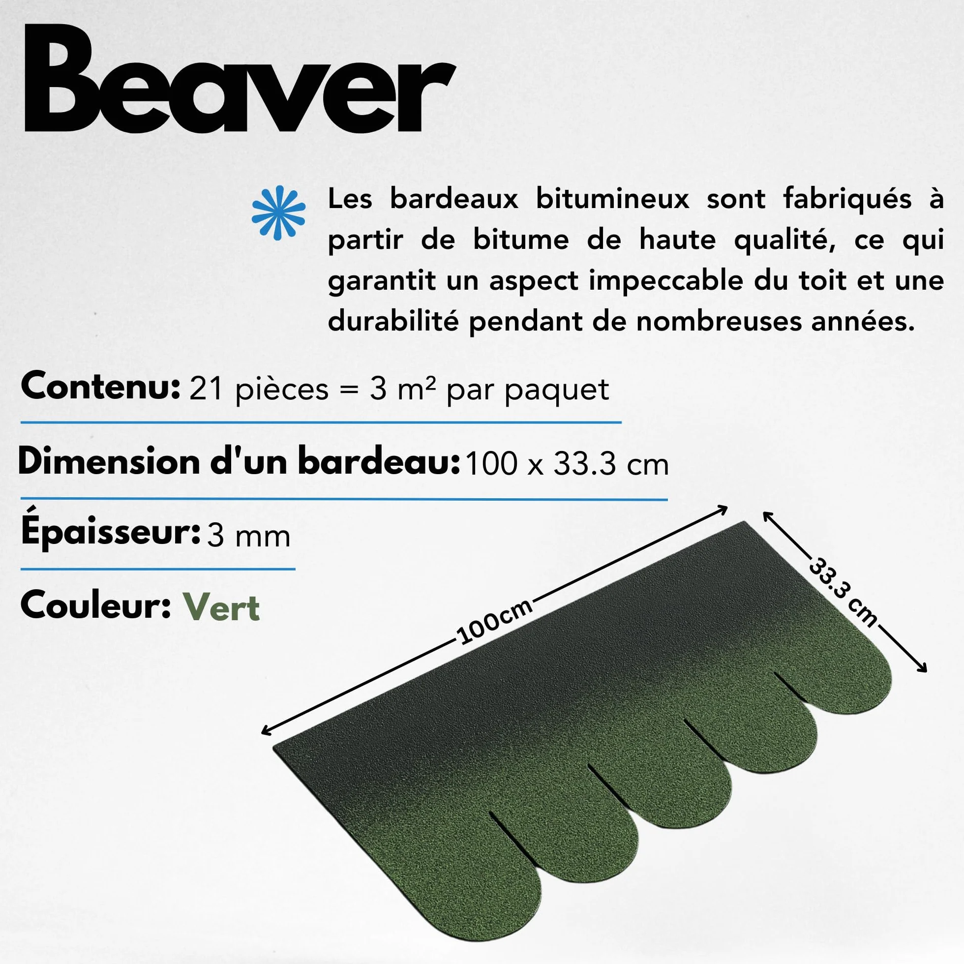 Lot de bardeaux bitumineux Timbela Beaver B-GREEN - couleur vert, revêtement de toiture en bitume pour abri de jardin