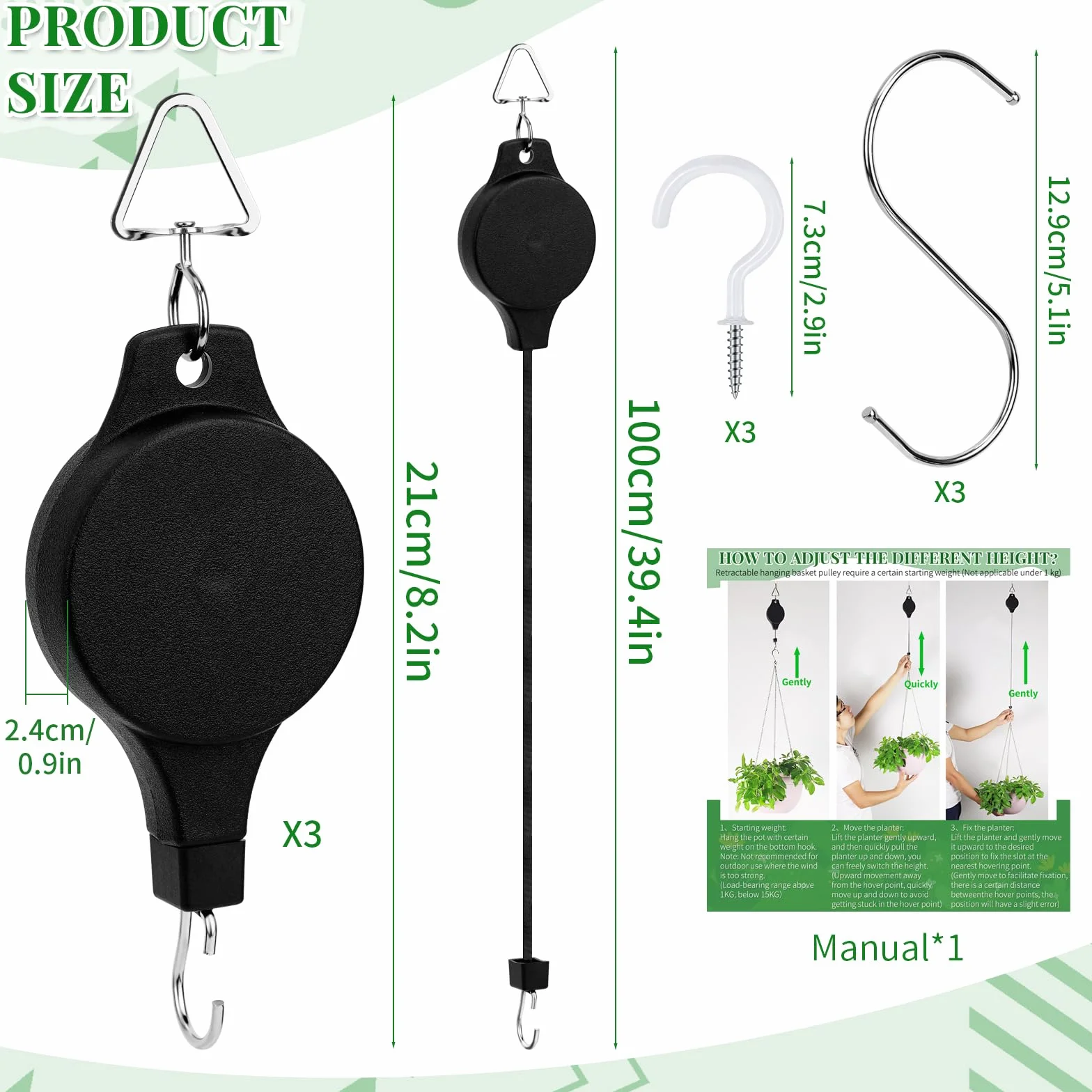 Yotako Lot de 3 crochets rétractables pour plantes réglables avec crochets de plafond blancs