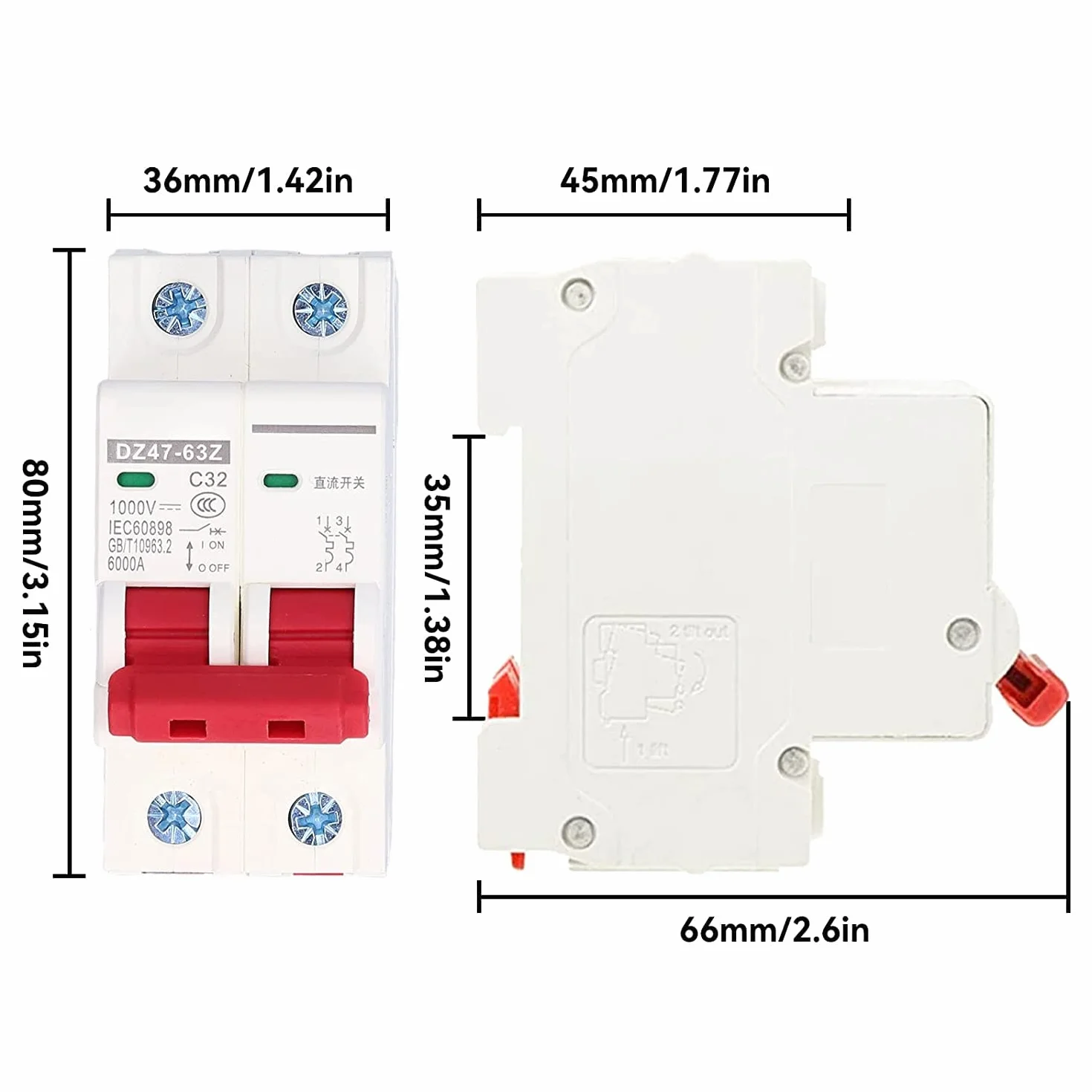 2 Pièces Disjoncteur Miniature 1000V DC 2P 32A Din Rail Mount Protection Contre Les Surcharges à Domicile Interrupteur D'air pour Lignes de Distribution D'éclairage Résidentiel Système PV Solaire