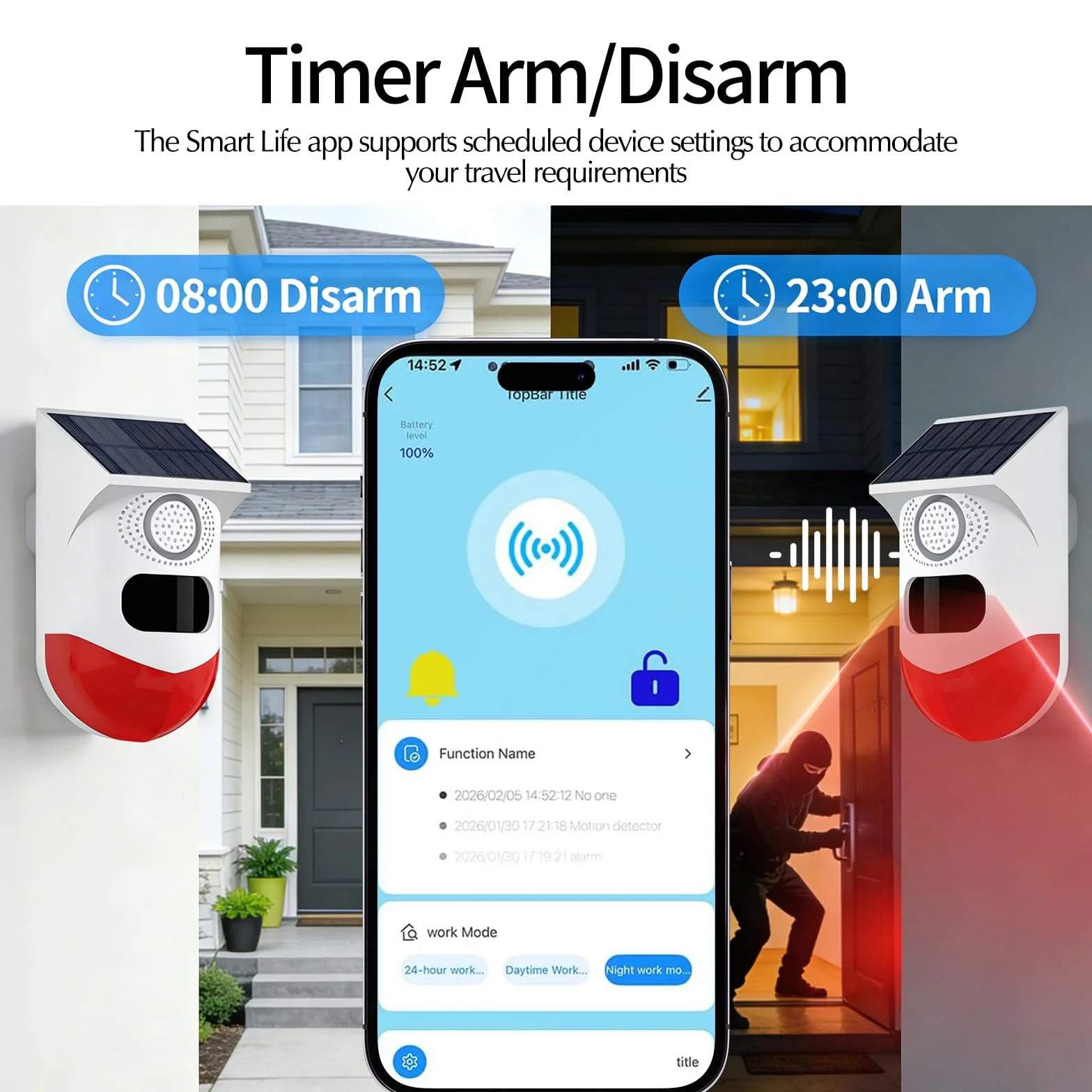 WiFi Detecteur de Mouvement, Sirene Alarme Extérieur/Intérieur Alimentation Solaire Prise en Charge, Volume 0~120dB, Contrôle à Distance, Réglage Horaire, avec Télécommande