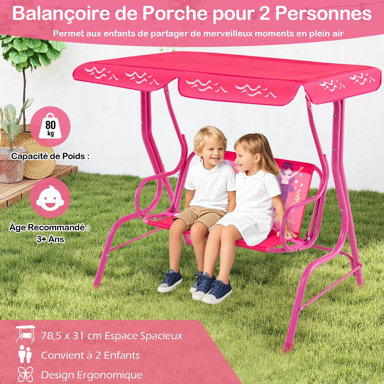 GOPLUS Balancelle de Jardin 2 Places avec Auvent Réglable Ceintures de Sécurité 80 KG Sirène Rose