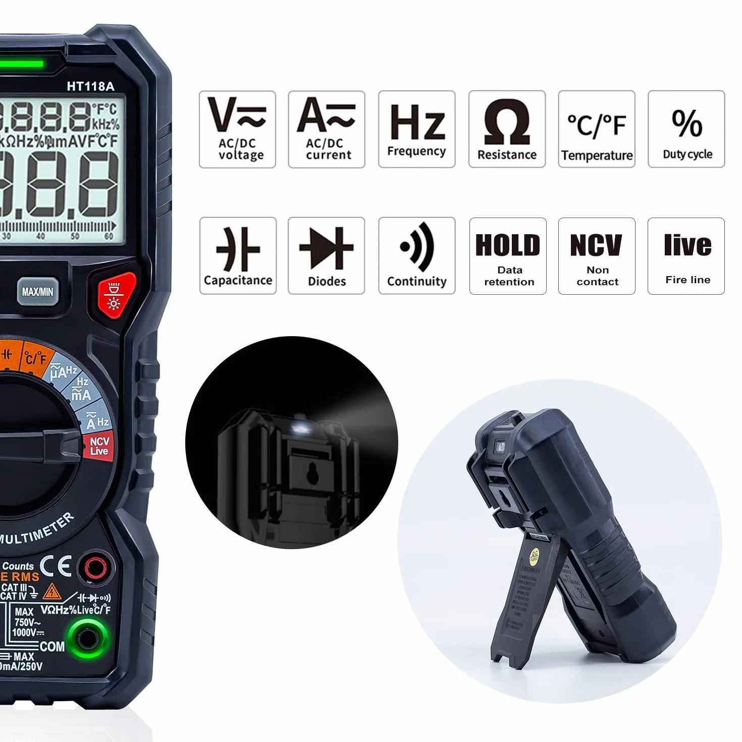 KAIWEETS Multimètre Automatique Numérique, TRMS 6000 Comptes (Guide de Bornes LED), Ampèremètre, Testeur Electrique Professionnel, Température Capacimètre Tension/Courant CA/CC Résistance/Fréquence