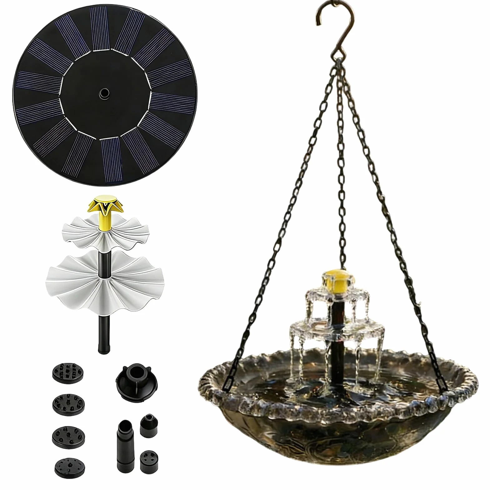 Fontaine Solaire pour Oiseaux avec Pompe et Gicleur, Bain d'Oiseau Solaire pour Jardin Extérieur