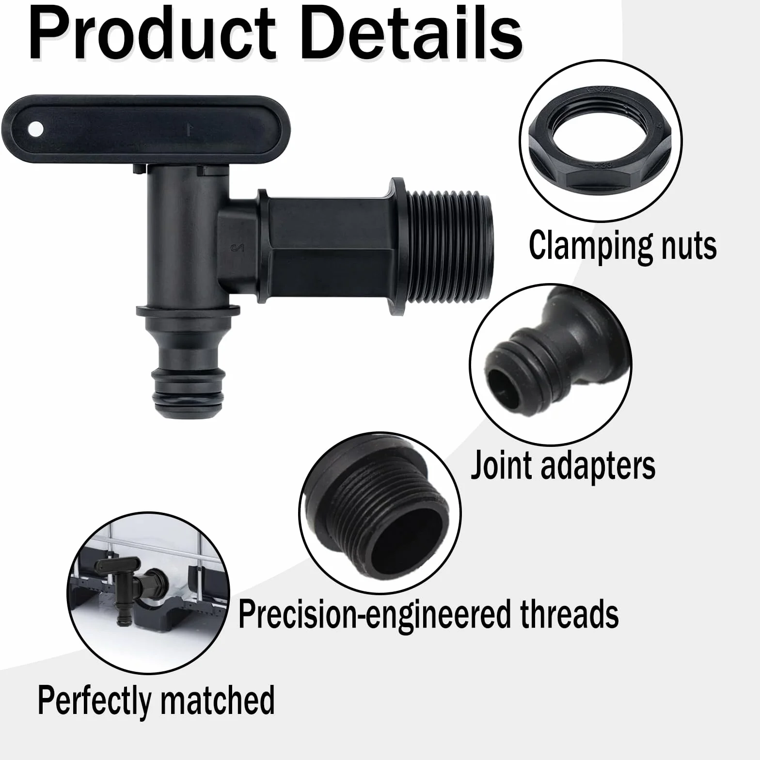 Lot de 2 robinets pour tonne à eau en plastique avec joint et perceur, adaptateur 3/4 pouces, Noir