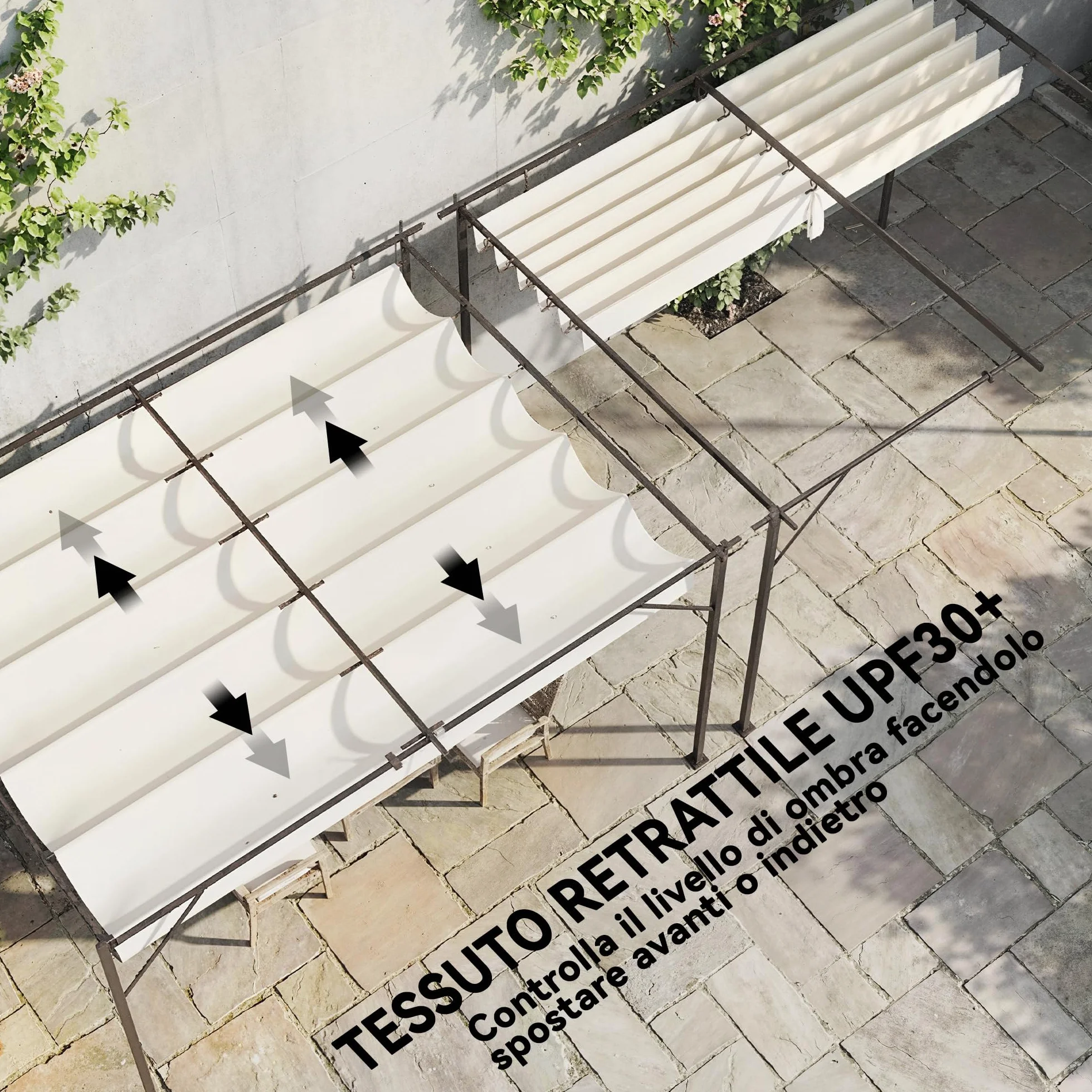 Outsunny Pergola Addoxée 3 x 4 m Toit Rétractable Coulissant Trous de Drainage Jardin Polyester Acier UV30+ Blanc Crème