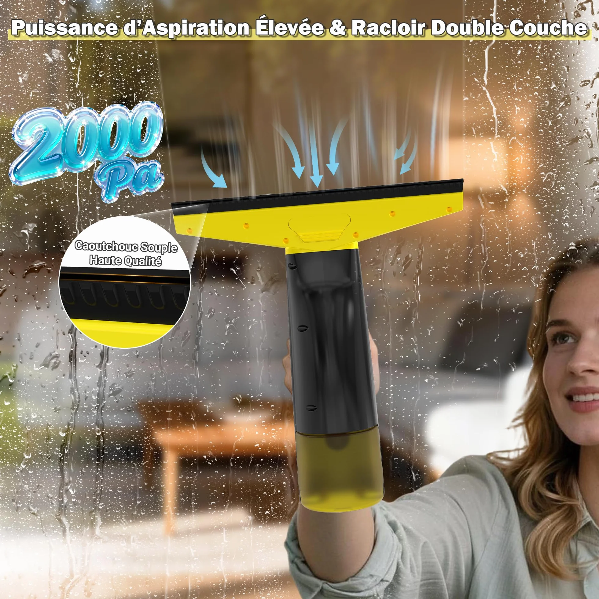 Eave Nettoyeur Vitre, Kit Nettoyeurs de Vitres Sans Fil avec Autonomie de 45 min, Lave Vitre Electrique avec Raclettes de 28cm & Réservoir de 200ml, Adapté aux Vitres, Carrelages & Miroirs (jaune)