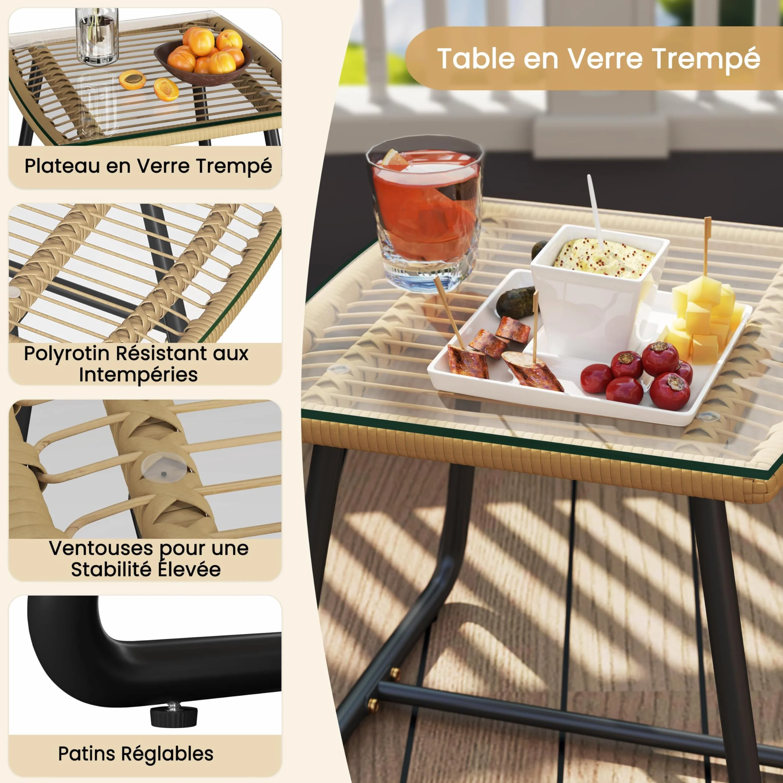 Abician Salon de Jardin Polyrotin 3 Pièces Ensemble 2 Personnes Fauteuils Table Basse Verre Trempé Beige Noir