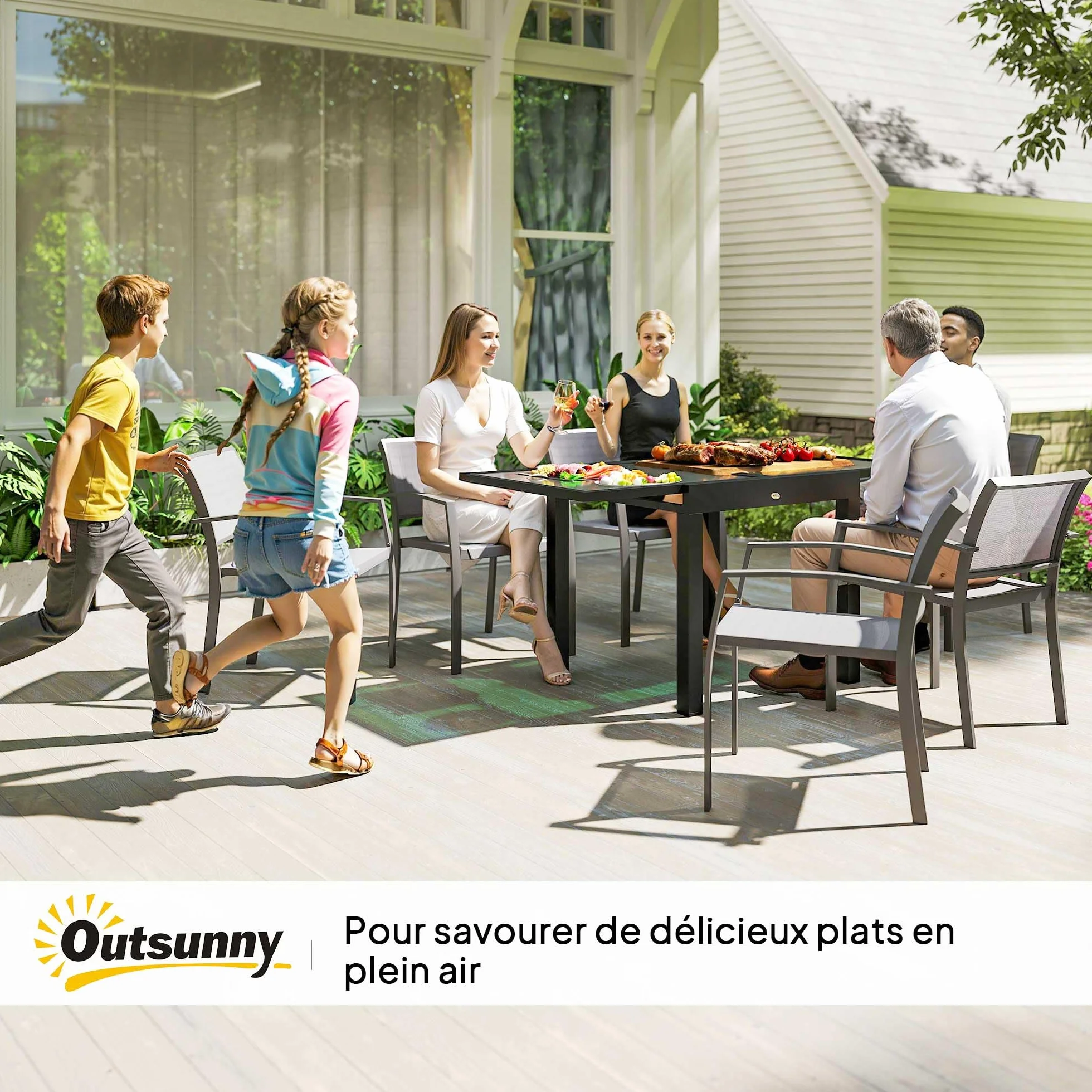 Outsunny Table Extensible de Jardin Grande Taille 160 x 80 x 75 cm Verre Trempé Aluminium Gris