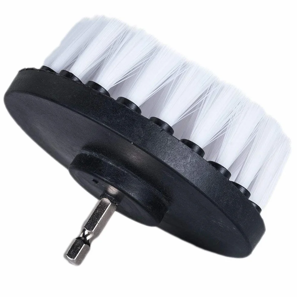 Brosse pour perceuse à poils doux blancs de 12,7 cm – Nettoyage du bac en fibre de verre, rembourrage en microfibre, tapis de voiture, siège de bateau avec tige à changement rapide