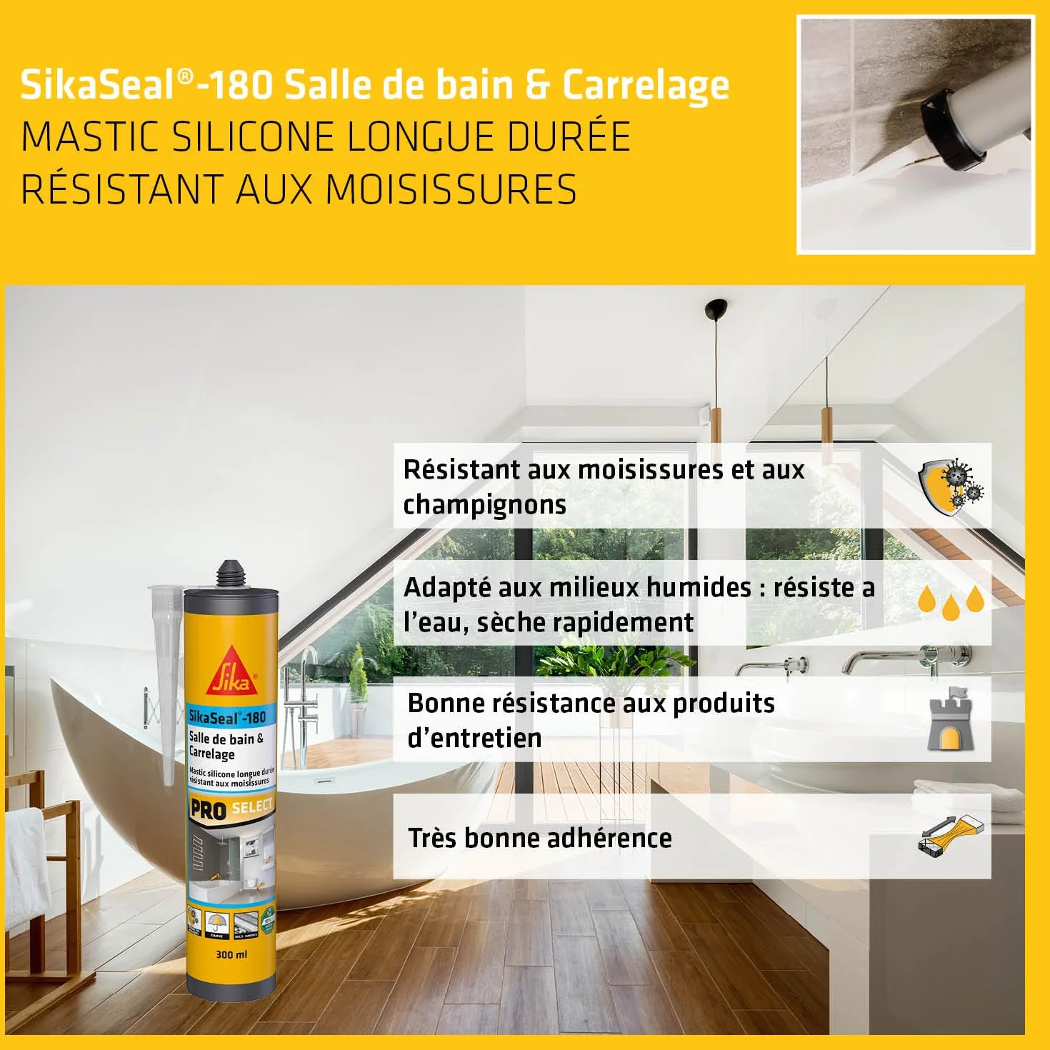 SIKA - Mastic silicone sanitaire - SikaSeal-180 Salle de Bain & Carrelage blanc - Réalisation de joints - Spécial pièce humide - Longue durée - 300 ml