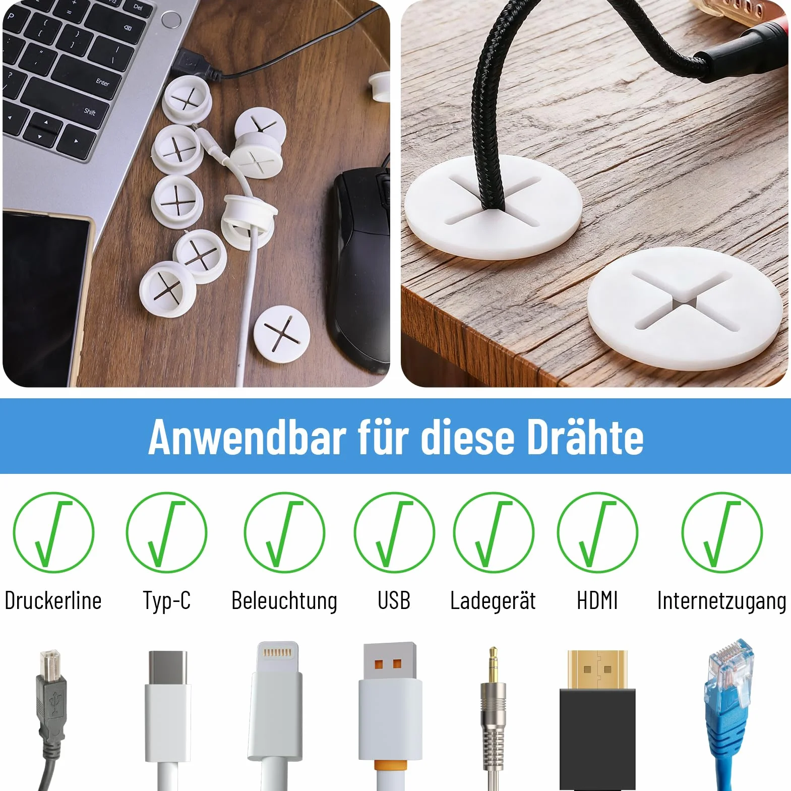 Lot de 12 passe-câbles en silicone de 25 mm avec 1 foret - Pour bureau, école, ordinateur, bureau - Blanc