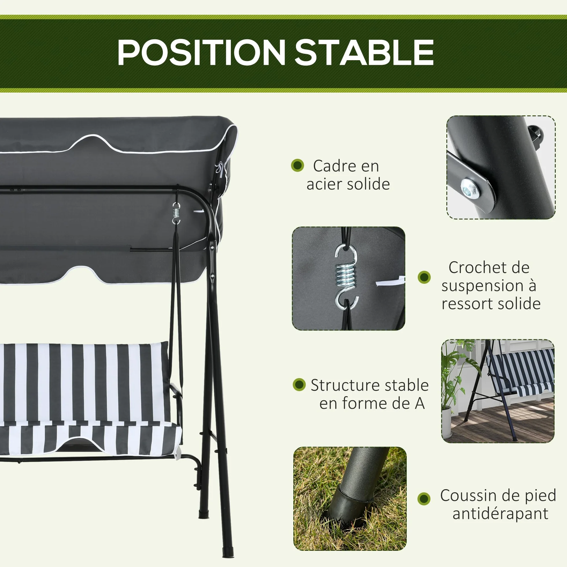 Outsunny Balancelle de Jardin 3 Places Toit Inclinaison réglable 1,72L x 1,1l x 1,53H m Acier Noir Polyester Gris