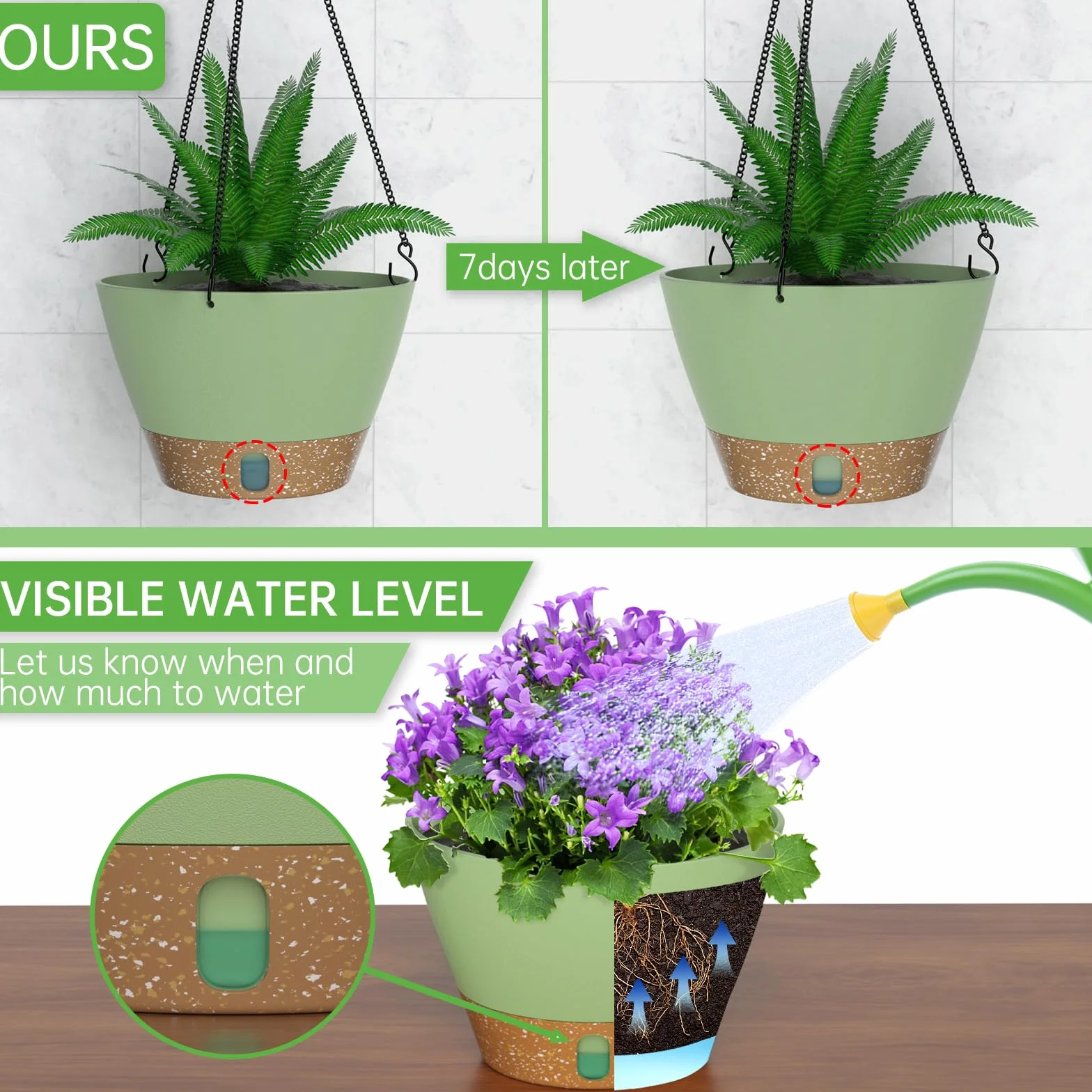 ZMTECH Pot de Fleurs Suspendu 20 cm avec Plateau à Niveau d'Eau Visible, Drainage, Soucoupe, Vert, Lot de 2