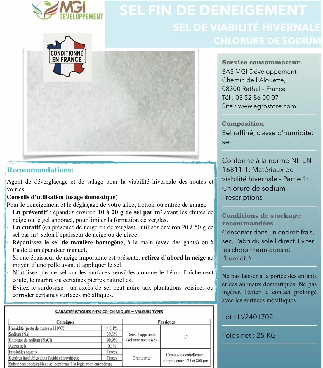 Sel Fin de Déneigement 25 kg - Déglaçant - Cristaux 125-800 µm - Conforme NF 16811-1