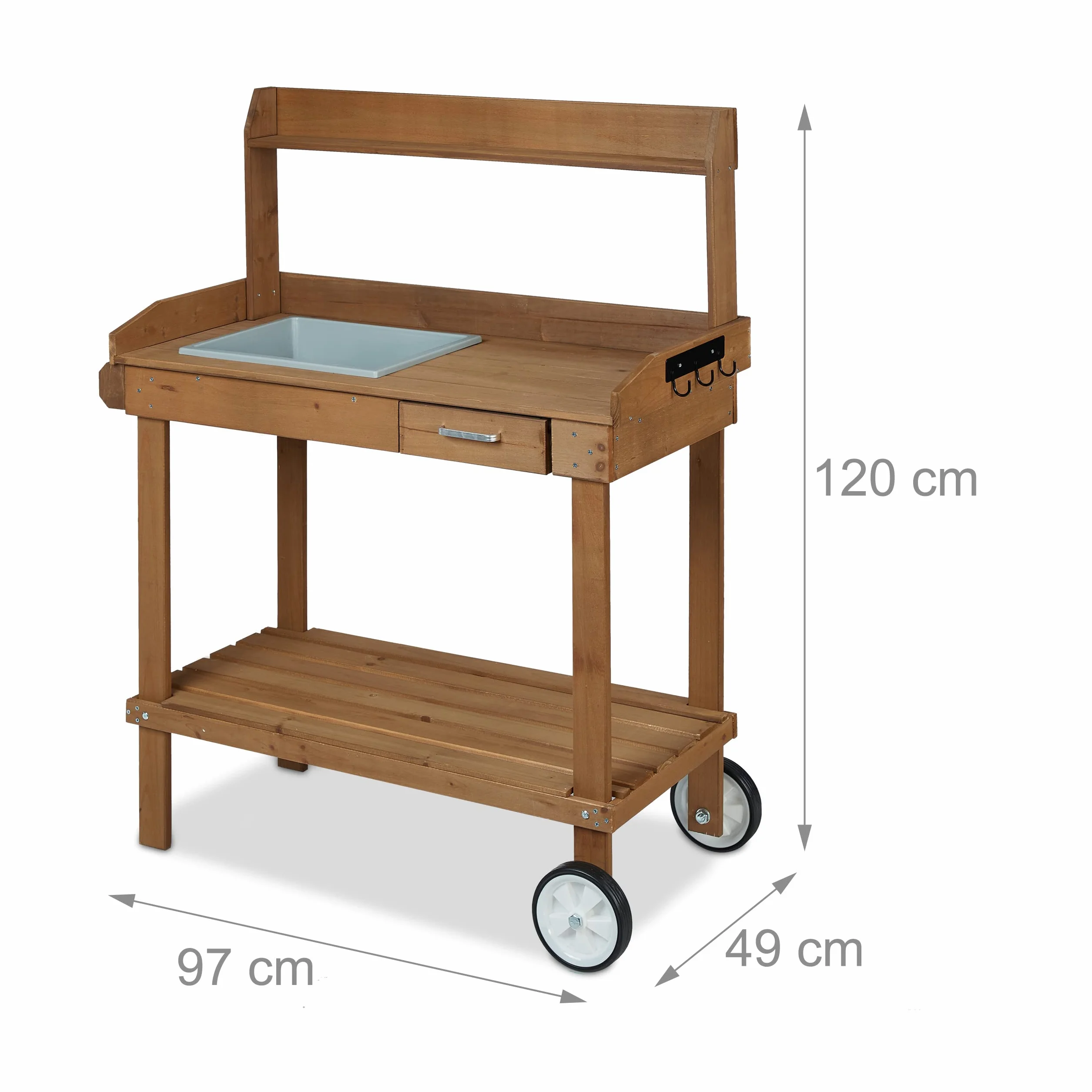 Relaxdays Table pour Plante avec Roulettes, Bac et Tiroir, Bois, Plastique, 120 x 97 x 49 cm, Brun