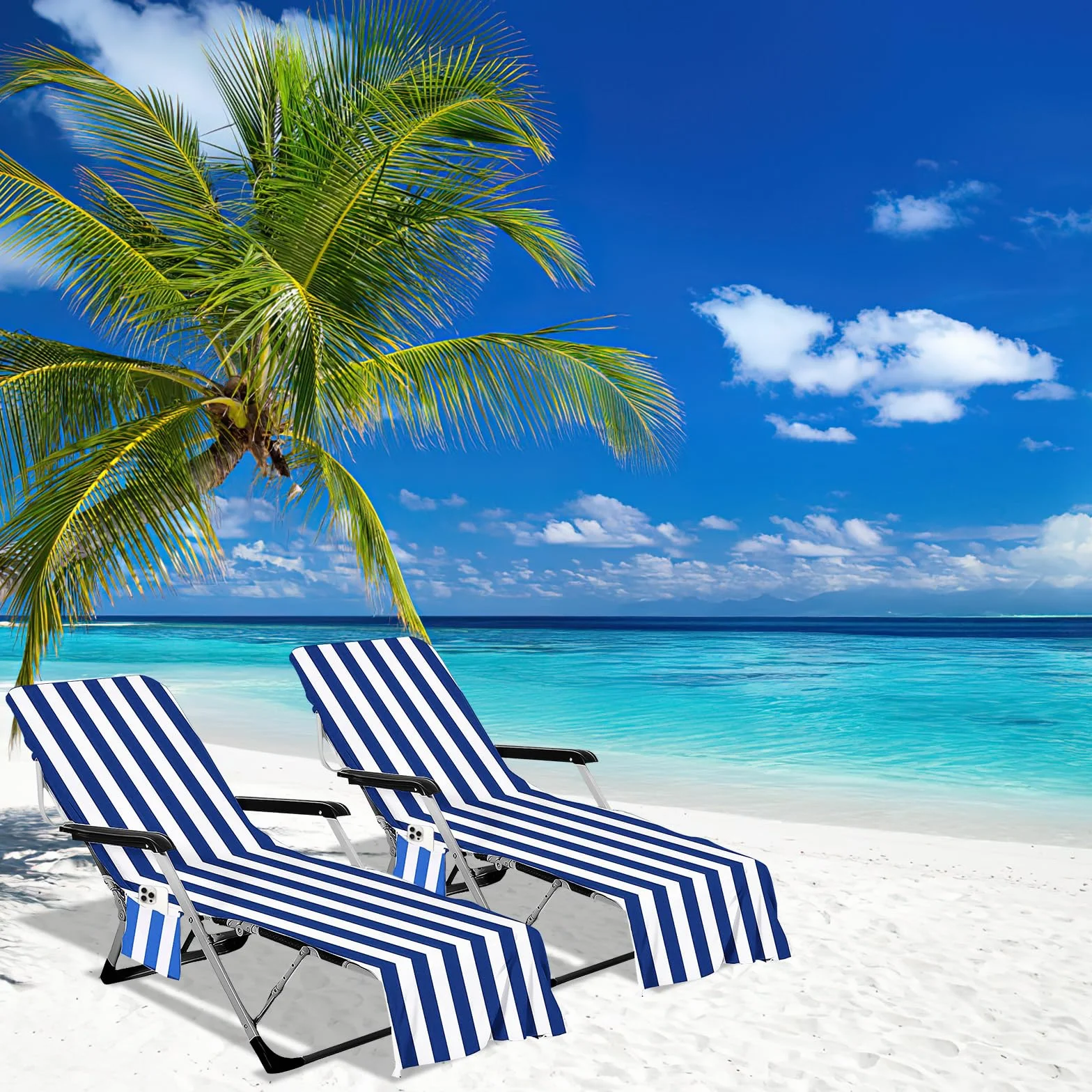 Housses de Chaise de Plage en Microfibre 210 x 73 cm, Serviettes de Transat avec Poches Latérales, Rayées Bleu et Blanc