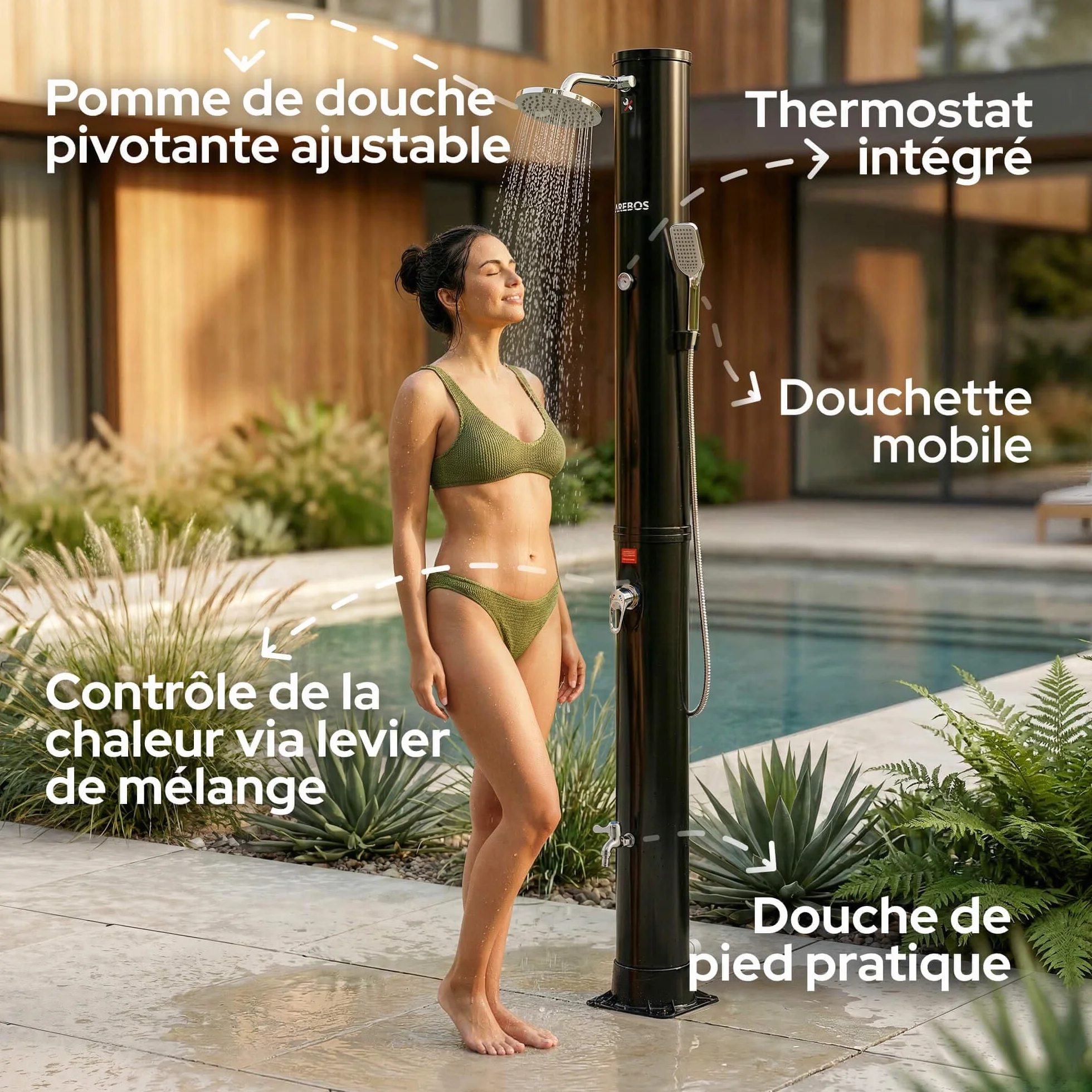 AREBOS Douche Solaire 40 L avec thermomètre intégré, Noir