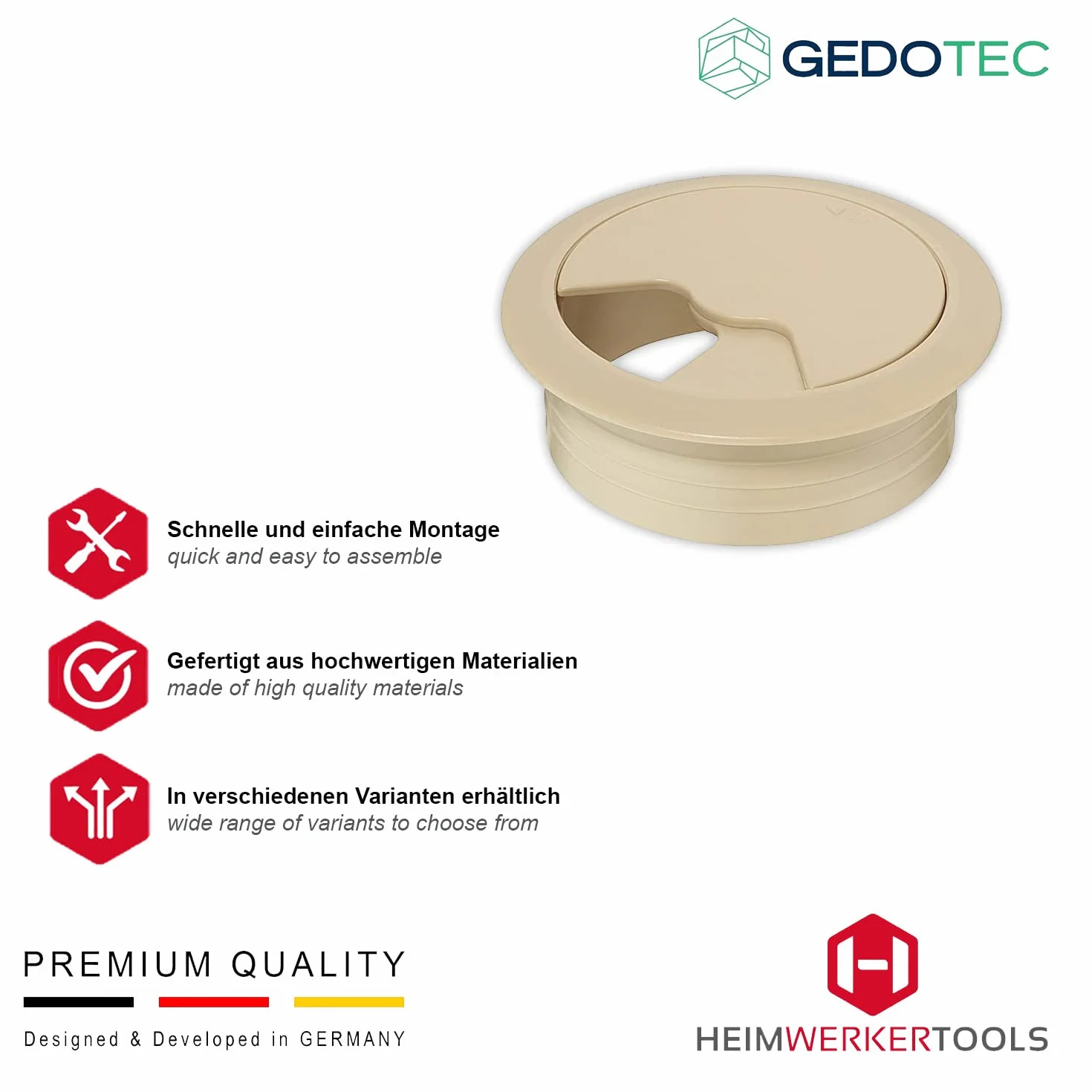 Gedotec Passe-câbles Bureau en Plastique ABS Robuste | 2 passages de câbles Ronds 80mm | Entry | Prise de câble Beige Mat | Passage de câbles à enfoncer | Passage de câbles Bureau