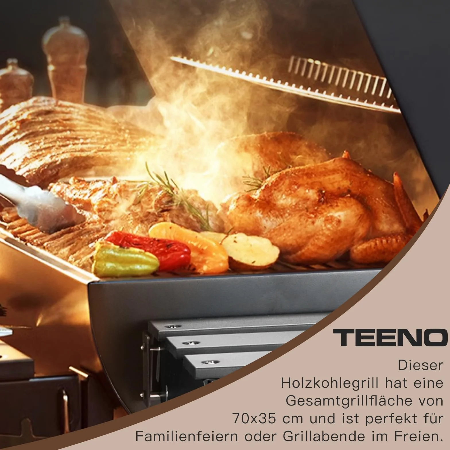 TEENO Barbecue au Charbon de Bois XXL avec Grille de Cuisson, Gants Anti-Brûlures, Thermomètre