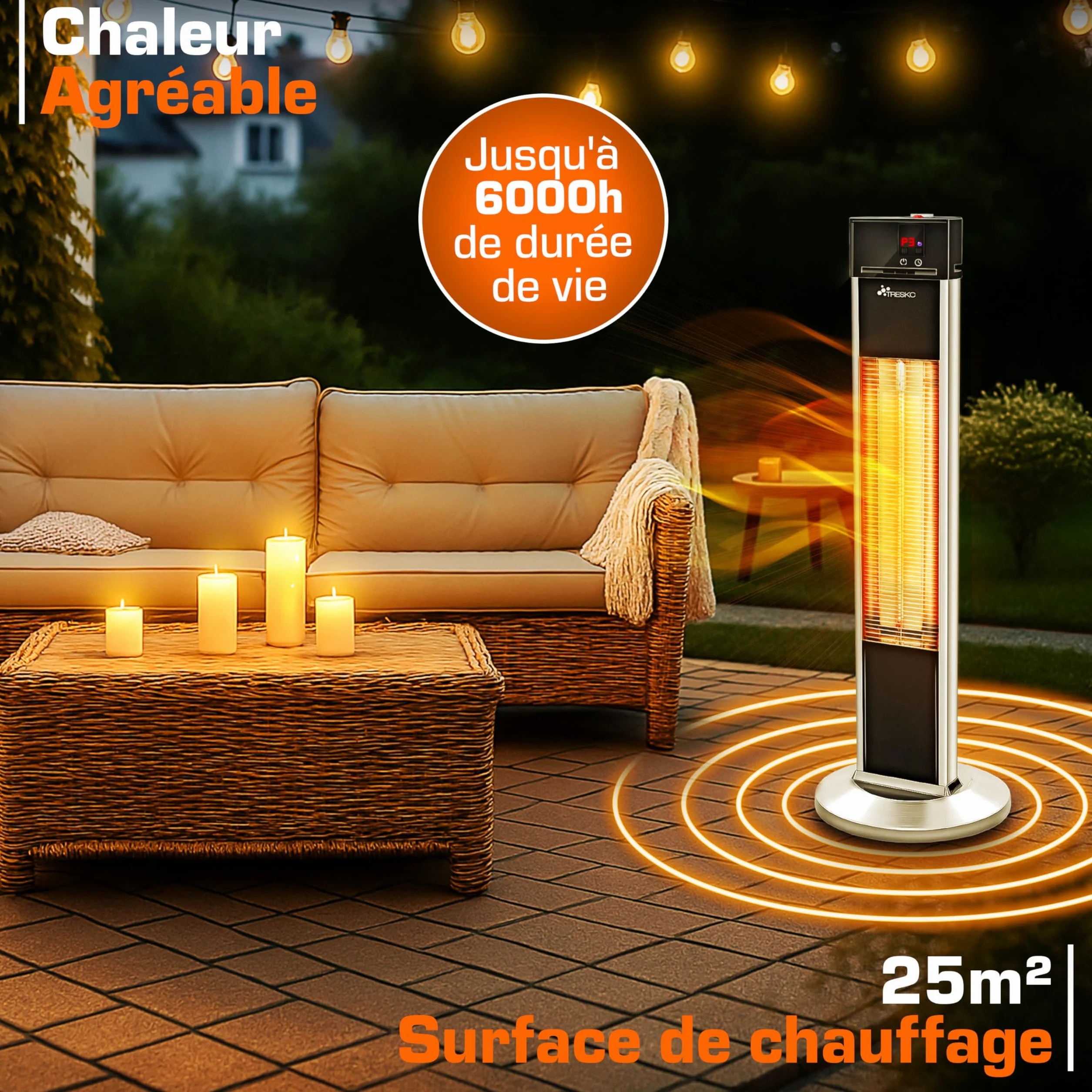 TRESKO Radiateur infrarouge sur pied 2000W | Chauffage radiant électrique intérieur extérieur avec télécommande