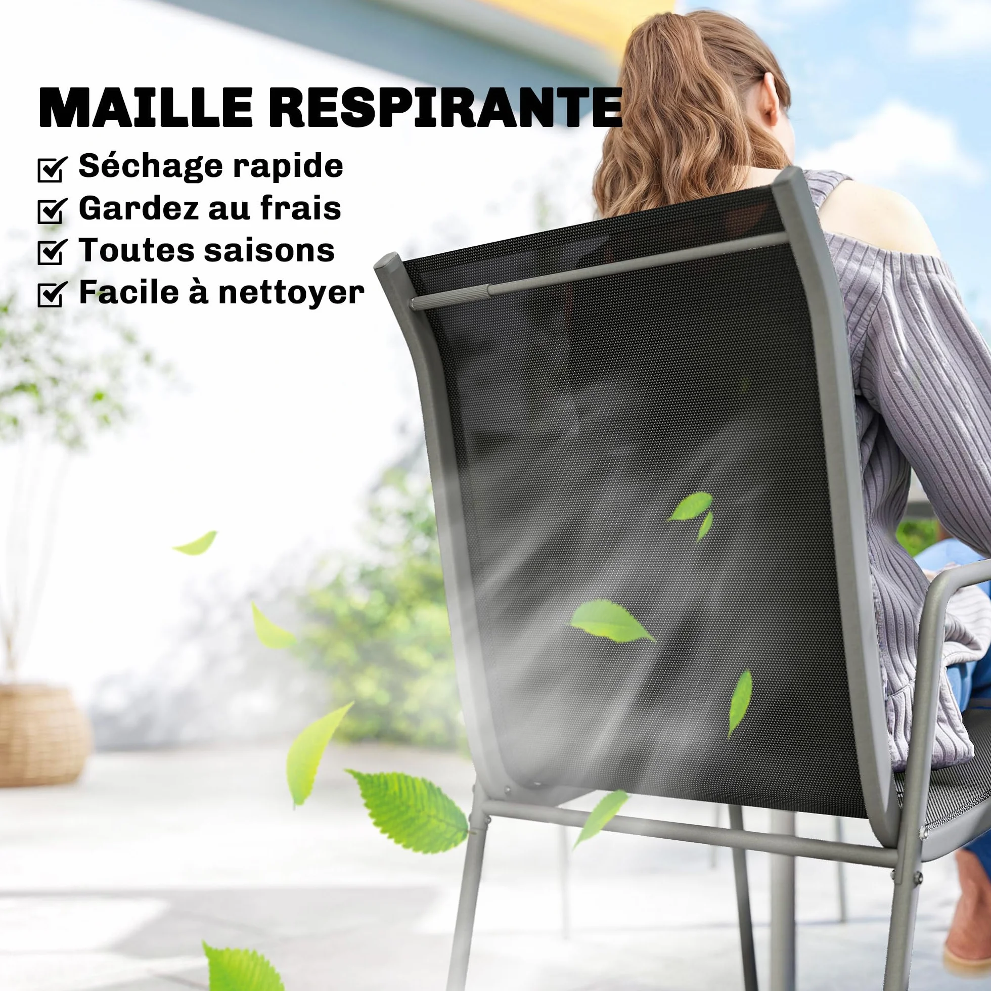 Outsunny Salon de Jardin 6 Personnes Table et Chaises Empilables Textilène Plateau Verre Trempé Argent