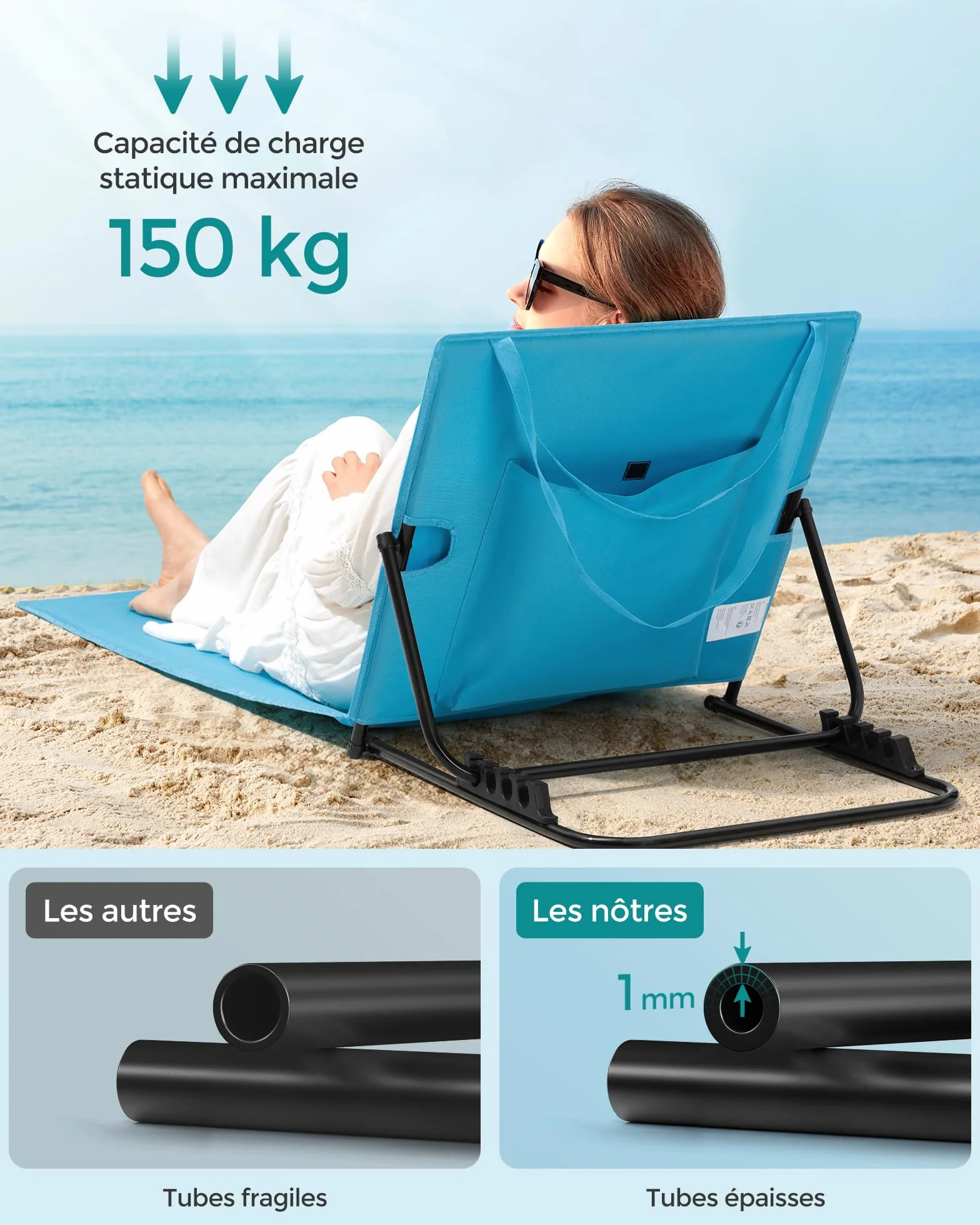 SONGMICS Chaise Longue Transat de Plage 158x55 cm Bleu Ciel Dossier Inclinable Appui-tête Portable