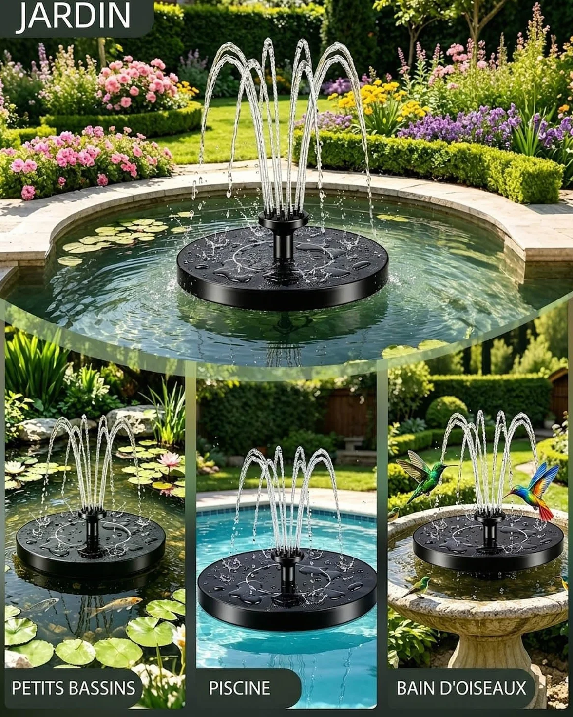 Fontaine Solaire Extérieure de Jardin Flottante avec 7 Jets d’Eau et Éclairage RGB