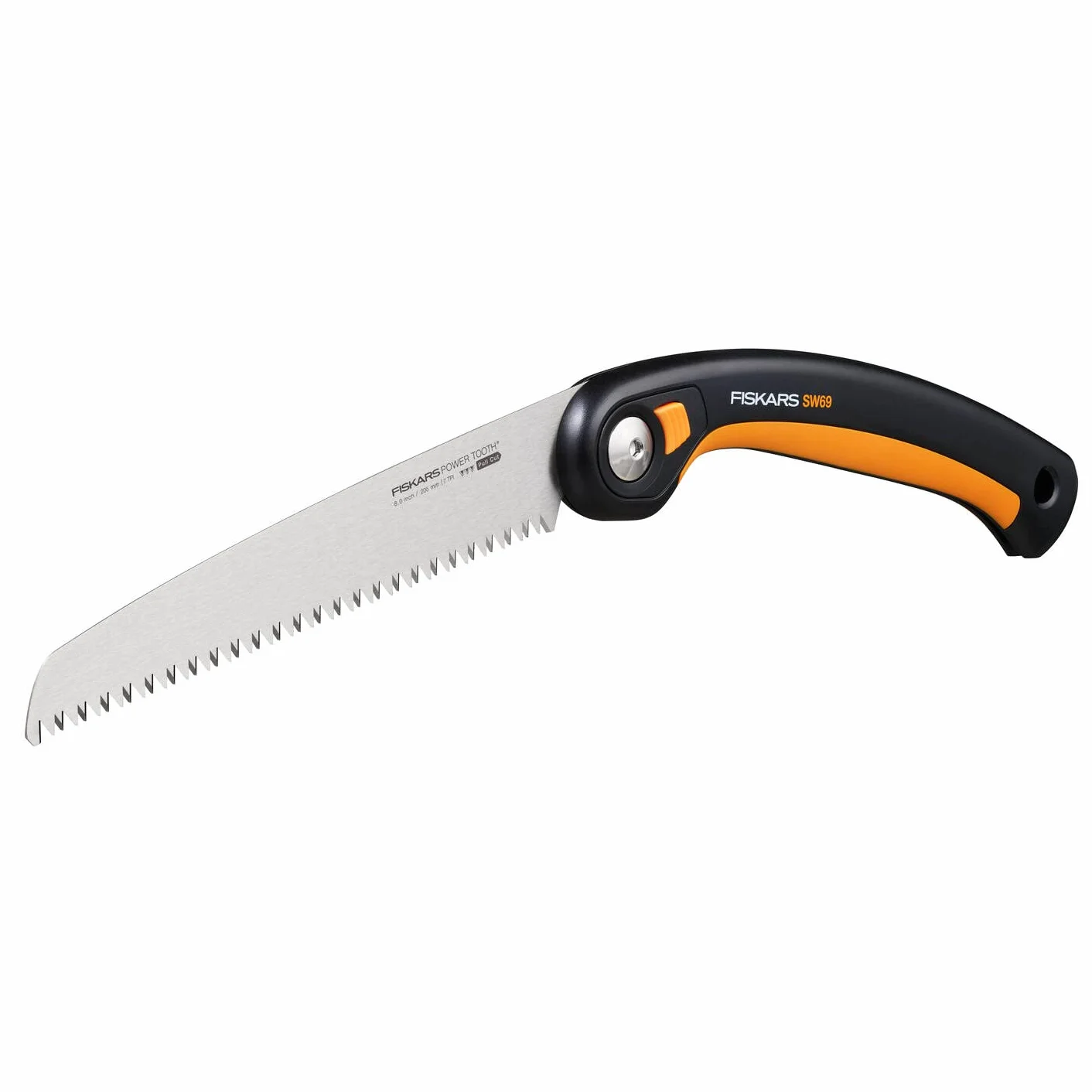 Fiskars Plus Scie Pliaple, pour Troncs et Branches épais, 3 positions de Coupe, Lame Power Tooth tranchante, Denture grossière, Longueur de la lame : 21 cm, Noir/Orange, SW69, 1067553