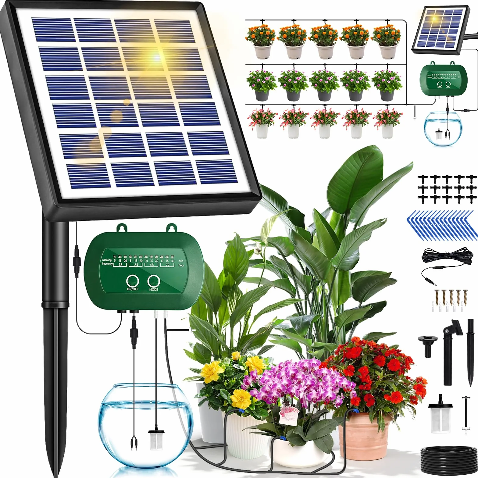 Onherm Arrosage Automatique Solaire Kit Goutte à Goutte avec Minuterie 12 Modes et Tuyau 15M pour Jardin Balcon