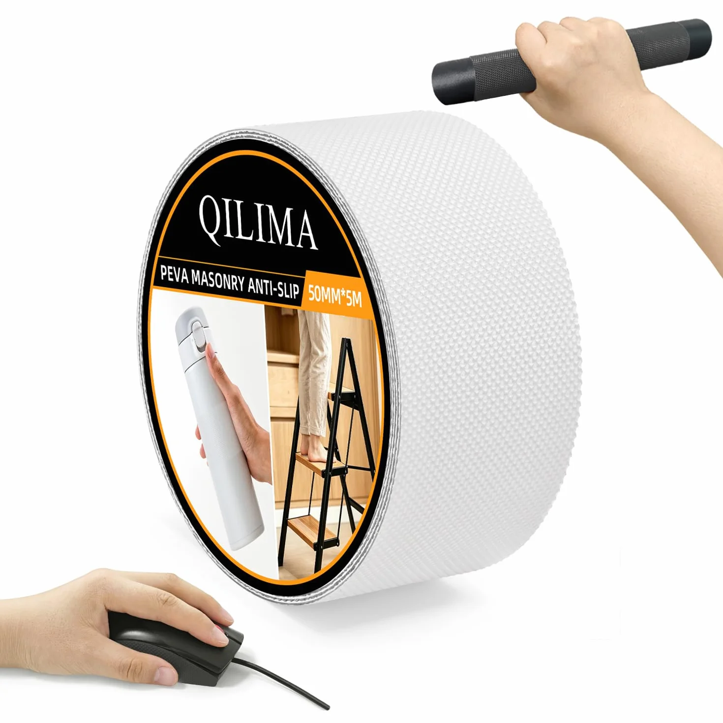 QILIMA Ruban Antidérapant Transparent 5cmx5m, Bande de Préhension à Texture Améliorée, Ruban Adhésif Ultra Fin et Imperméable pour Prise Sûre, Idéal pour Poignées d'Outils, Escaliers et Sport