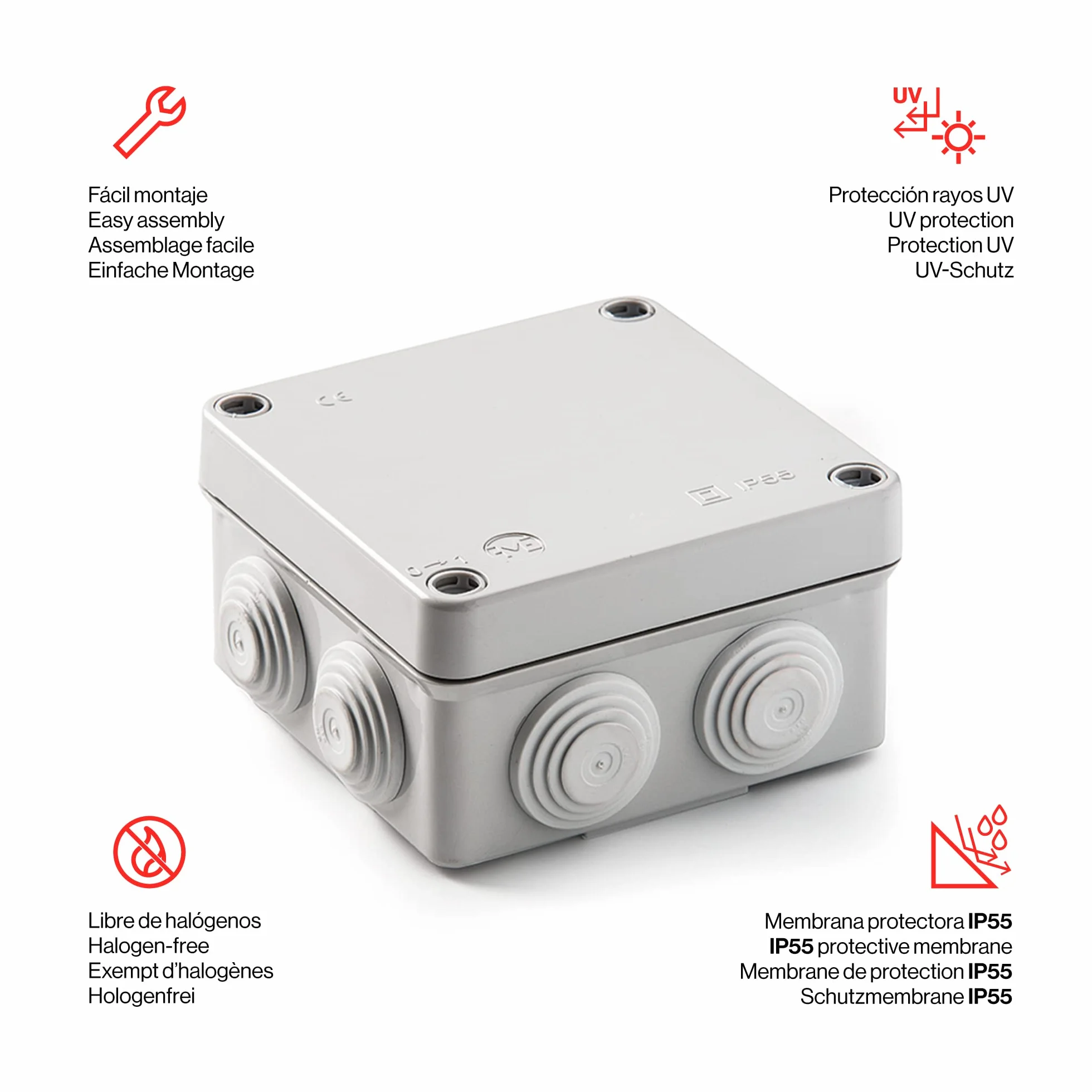 FAMATEL – Boitier étanche IP55 | Exempt d’halogènes | Haute résistance aux chocs | Vis de fermeture 1/4 de tour | Assemblage facile | Cône métrique | 100x100x55 | Gris