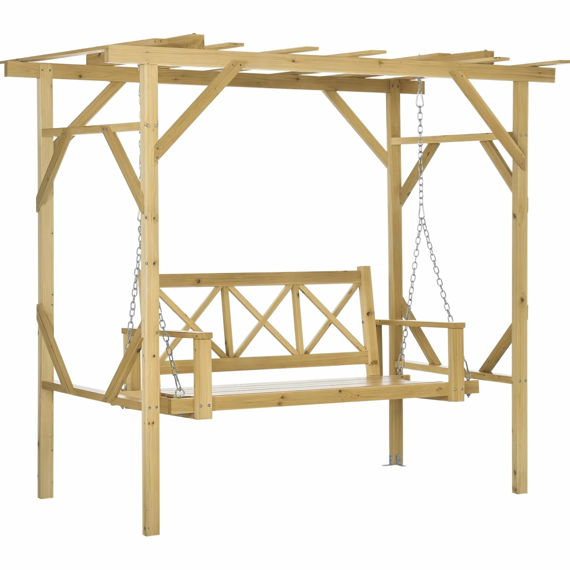 Balançoire Hollywoodienne Outsunny avec Pergola, Banc 2 Places, Bois Massif, 221x140x196 cm