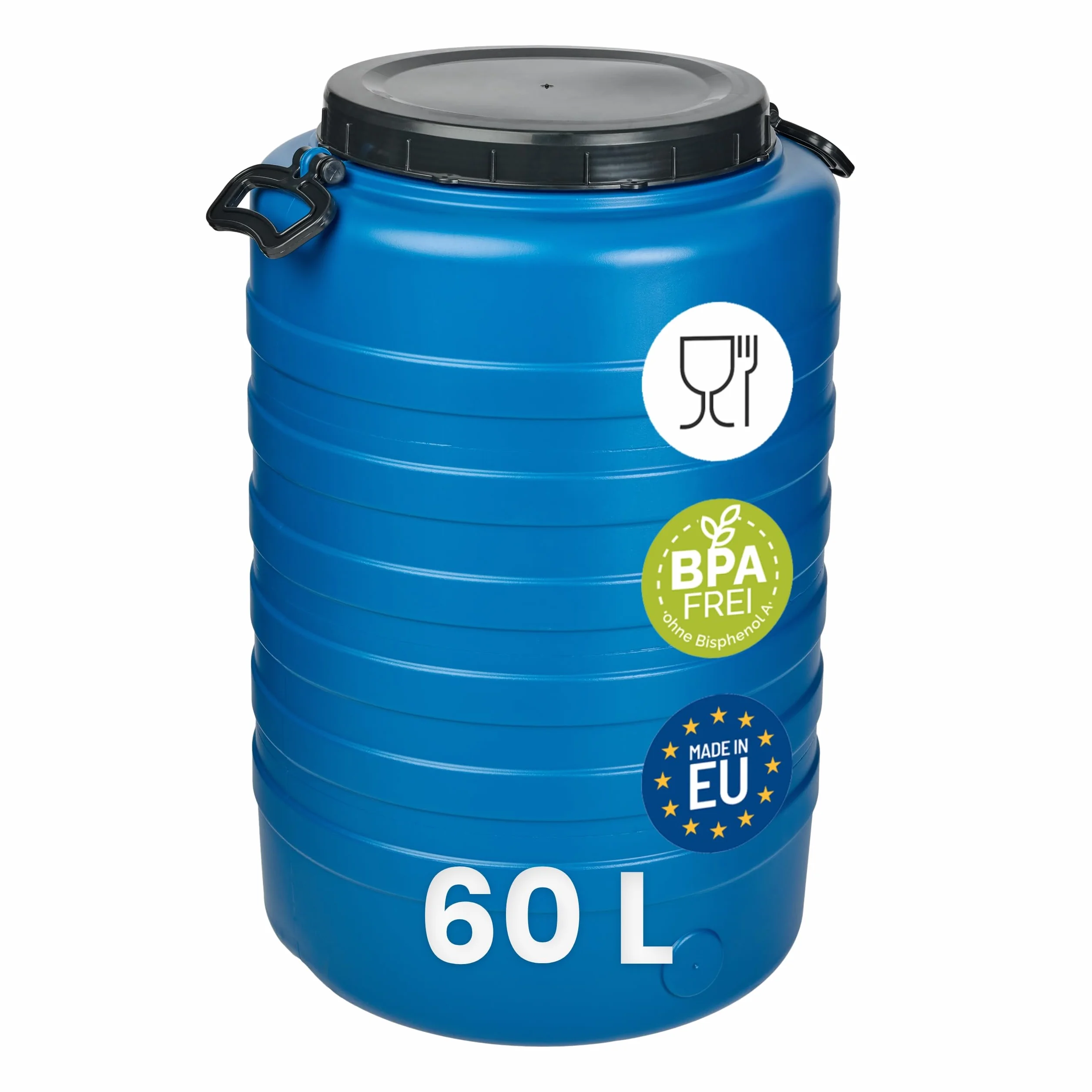 Garronda Fût Alimentaire 60 L Plastique HDPE Tonneau Baril Grande Ouverture Bleu