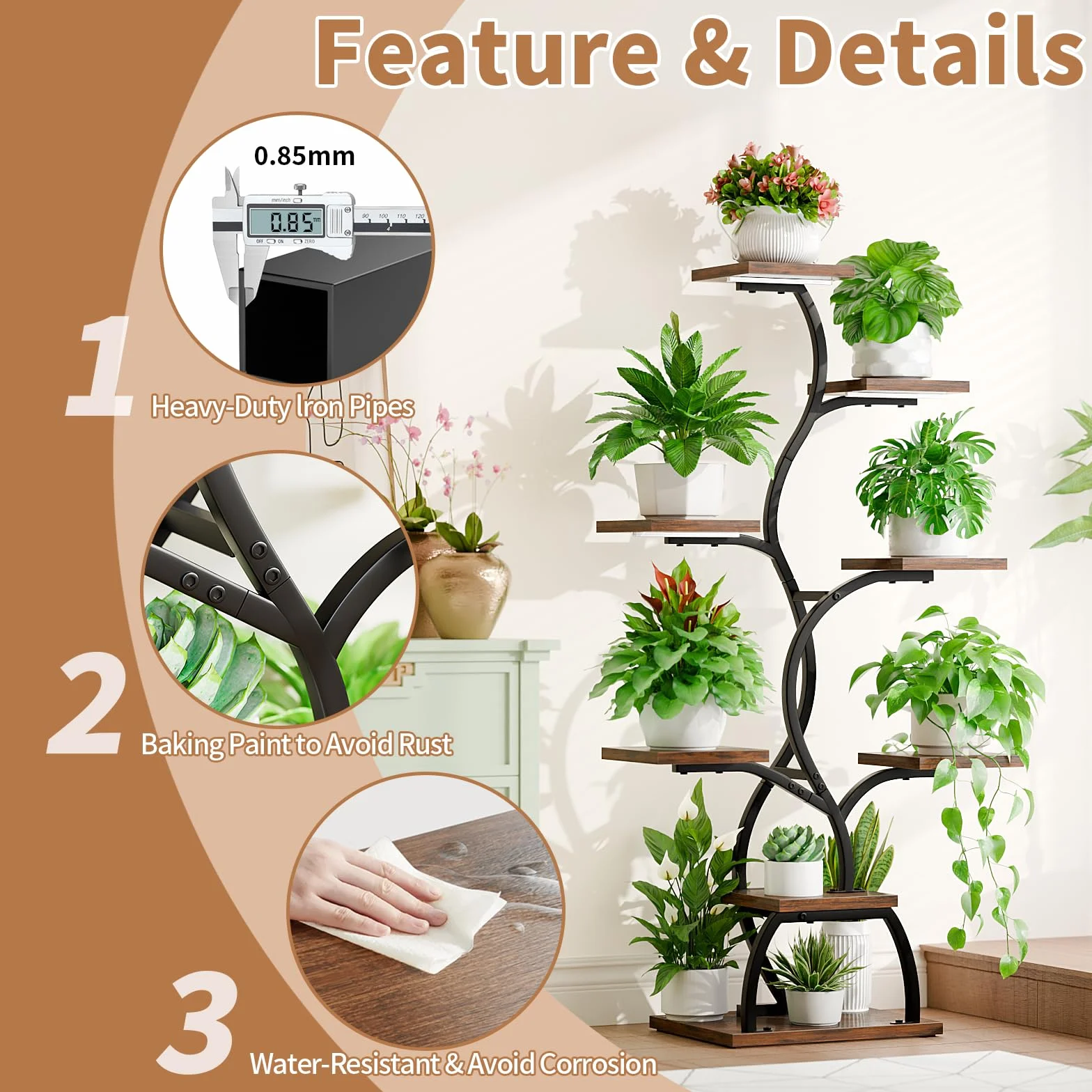 BACEKOLL Support pour plantes avec lumière de croissance 8 niveaux 124 cm Métal Bois Noir
