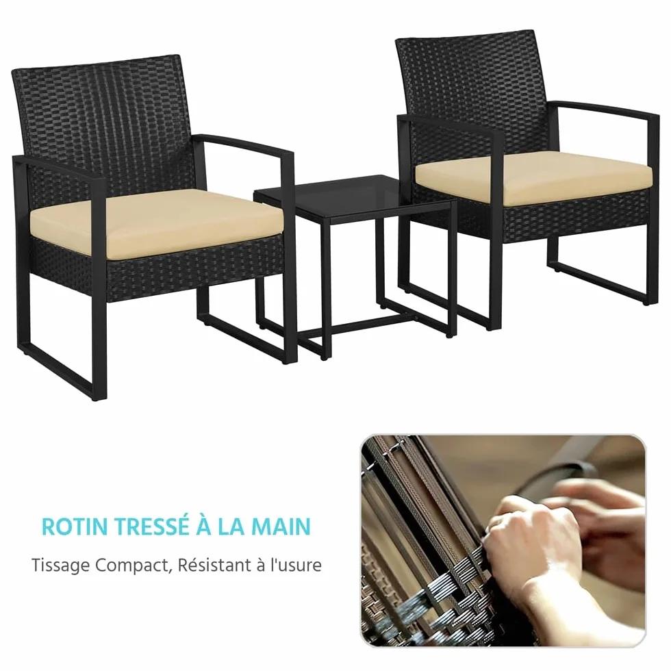 Yaheetech Salon de Jardin Exterieur 2 Fauteuils 1 Table Basse Poly Rotin Metal Noir/Kaki