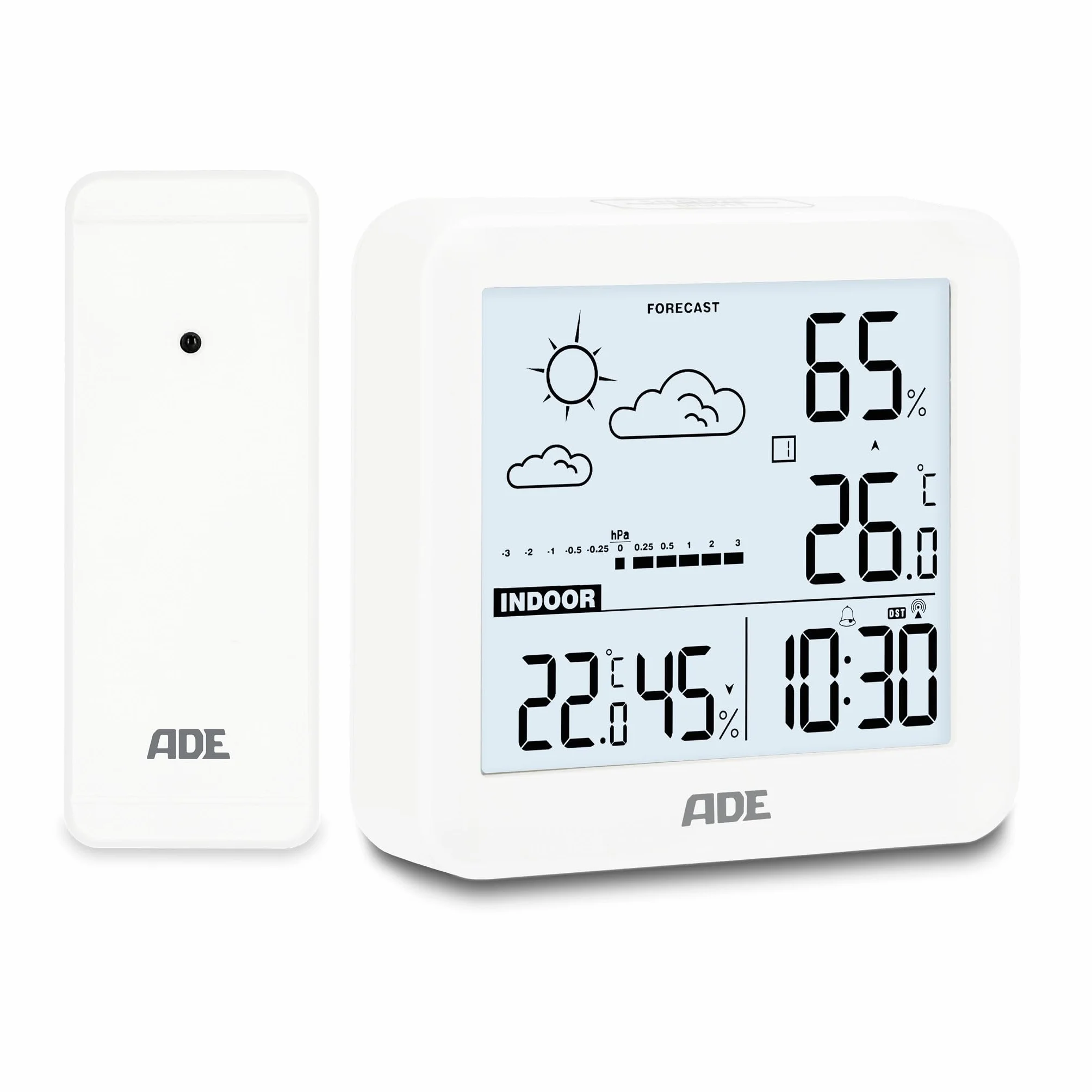 ADE Petite station météo numérique avec capteur extérieur, prévisions météo, température, humidité, horloge radiopilotée, réveil, blanc