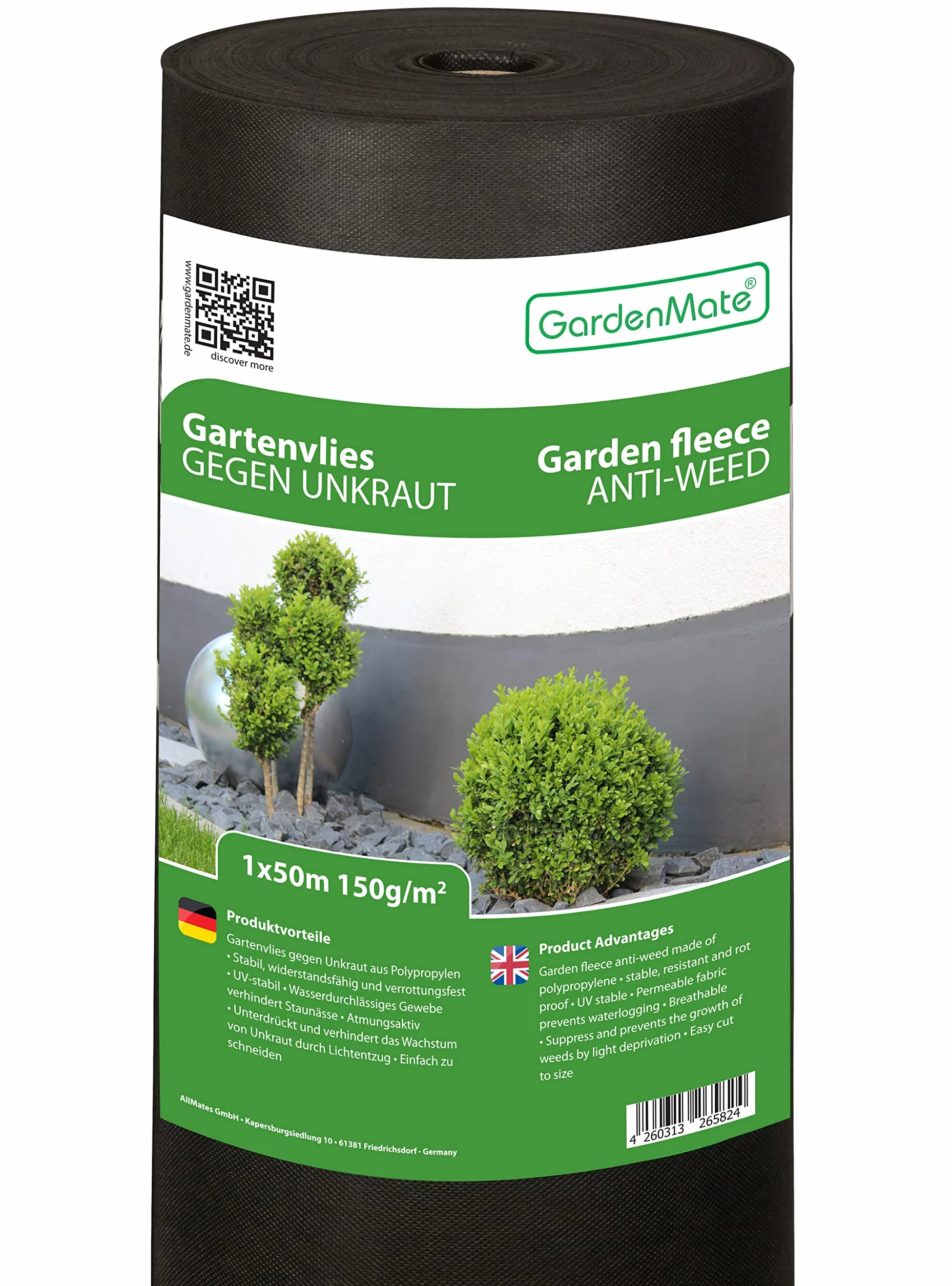 GardenMate Rouleau Toile Anti-Mauvaises Herbes Non Tissé 150g/m2 1m x 50m