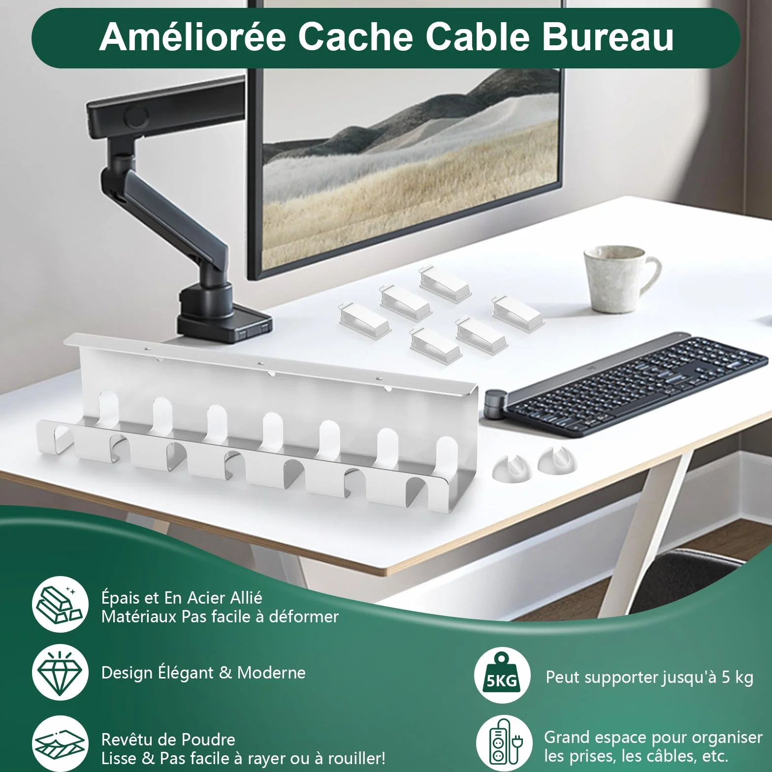 Oududianzi Set de 2 Chemin de Câble, Cable Management Bureau Blanc, Range Cable Bureau, Cache Cable, Goulotte Passe Cable, Organisateur de Cable pour La Gestion des Câbles et des Multiprises