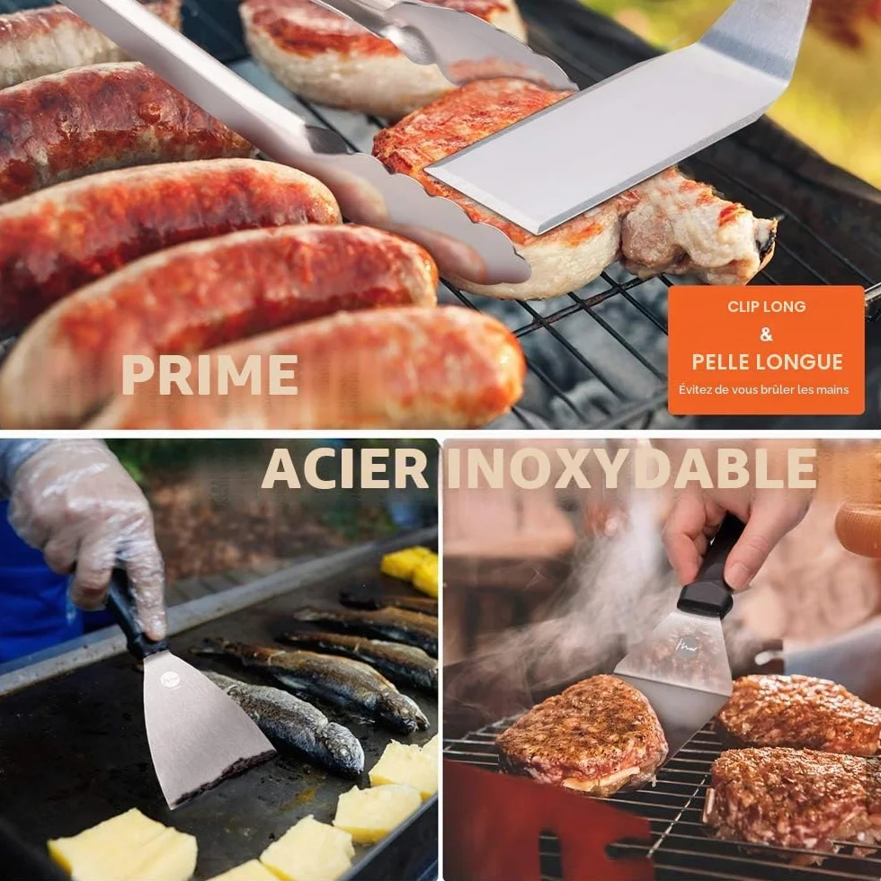 Ensemble de Spatule en Acier Inoxydable, Accessoires pour Plaque Chauffante BBQ Professionnelle, Spatule Plancha Teppanyaki
