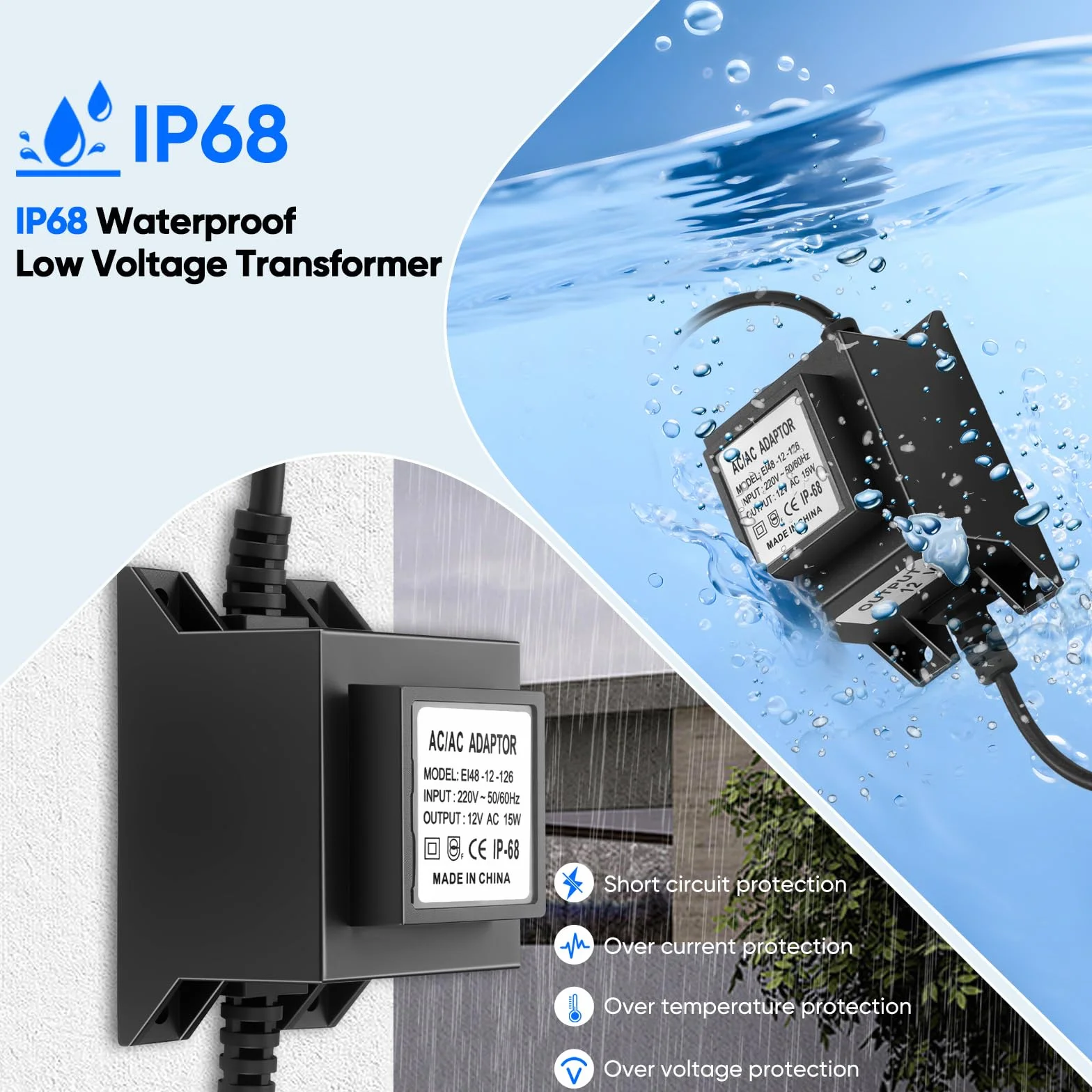 Transformateur 220V 12V AC/AC, Adaptateur LED Transfo 15W 1.25A, Alimentation Étanche IP68 pour Éclairage de Jardin, Fontaine, et Piscine