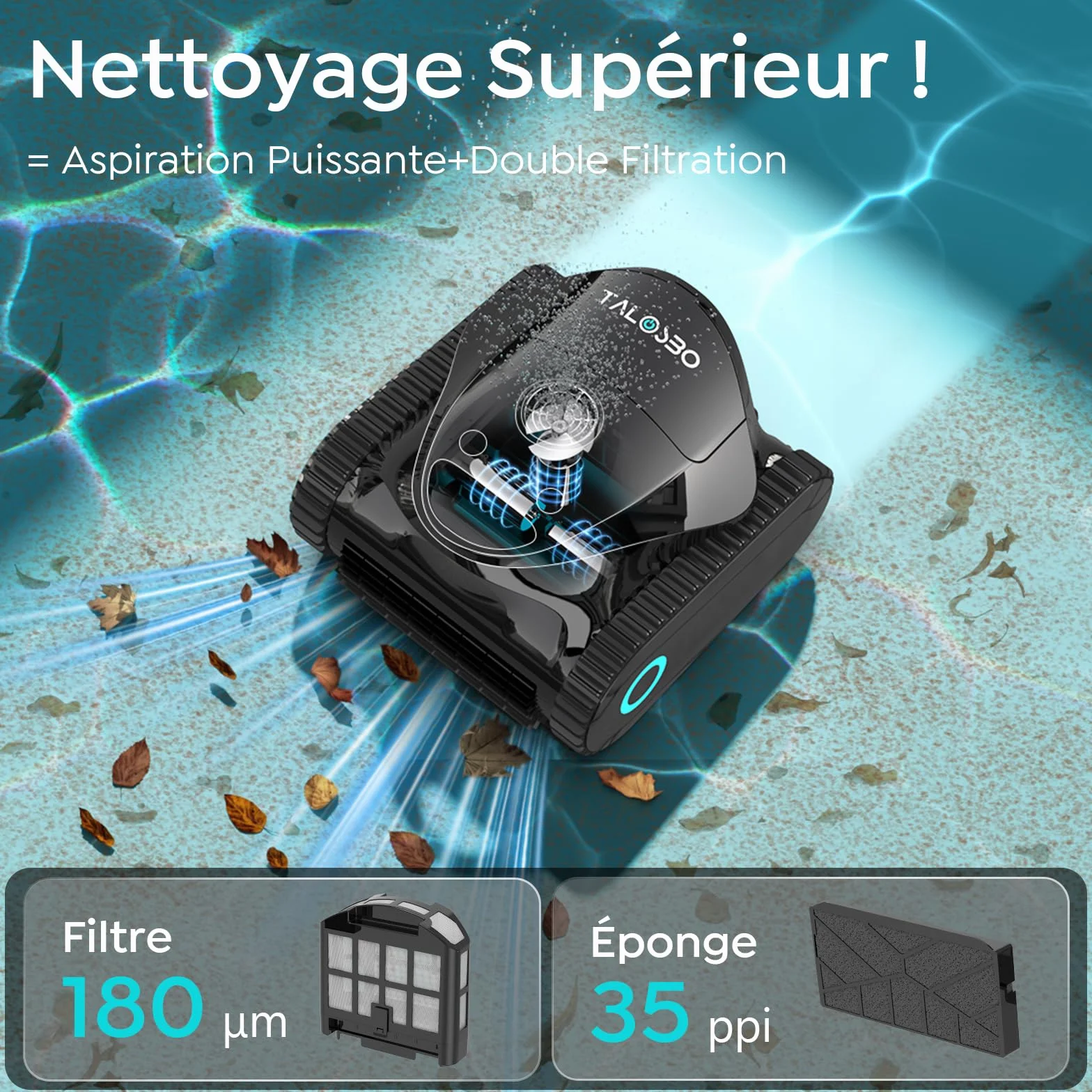 Robot Piscine sans Fil C1 Fond et Parois, Double Filtre, 7 Modes, 180 Min Autonomie, 150 m²