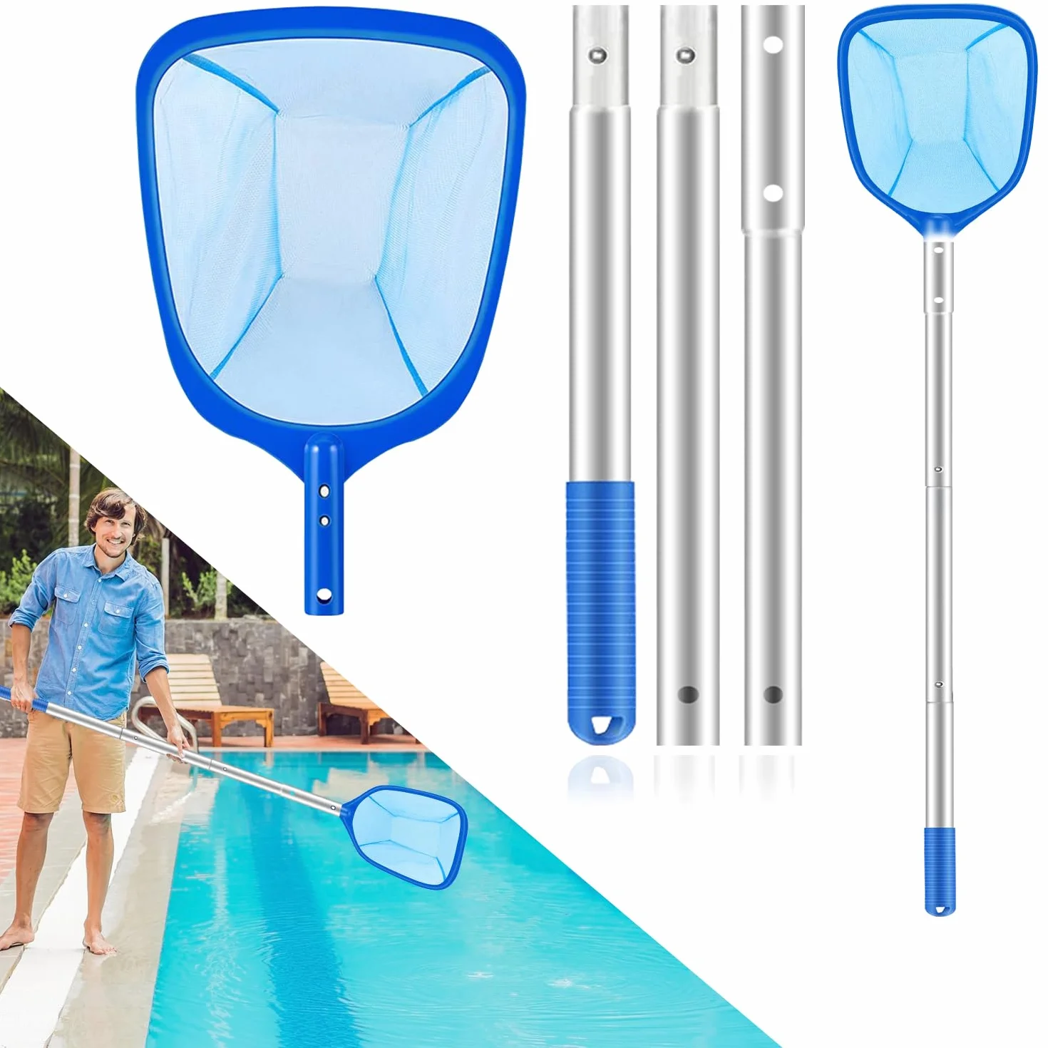 Épuisette Piscine Télescopique 140cm Filet Nettoyage Fond Surface Bassin Spa